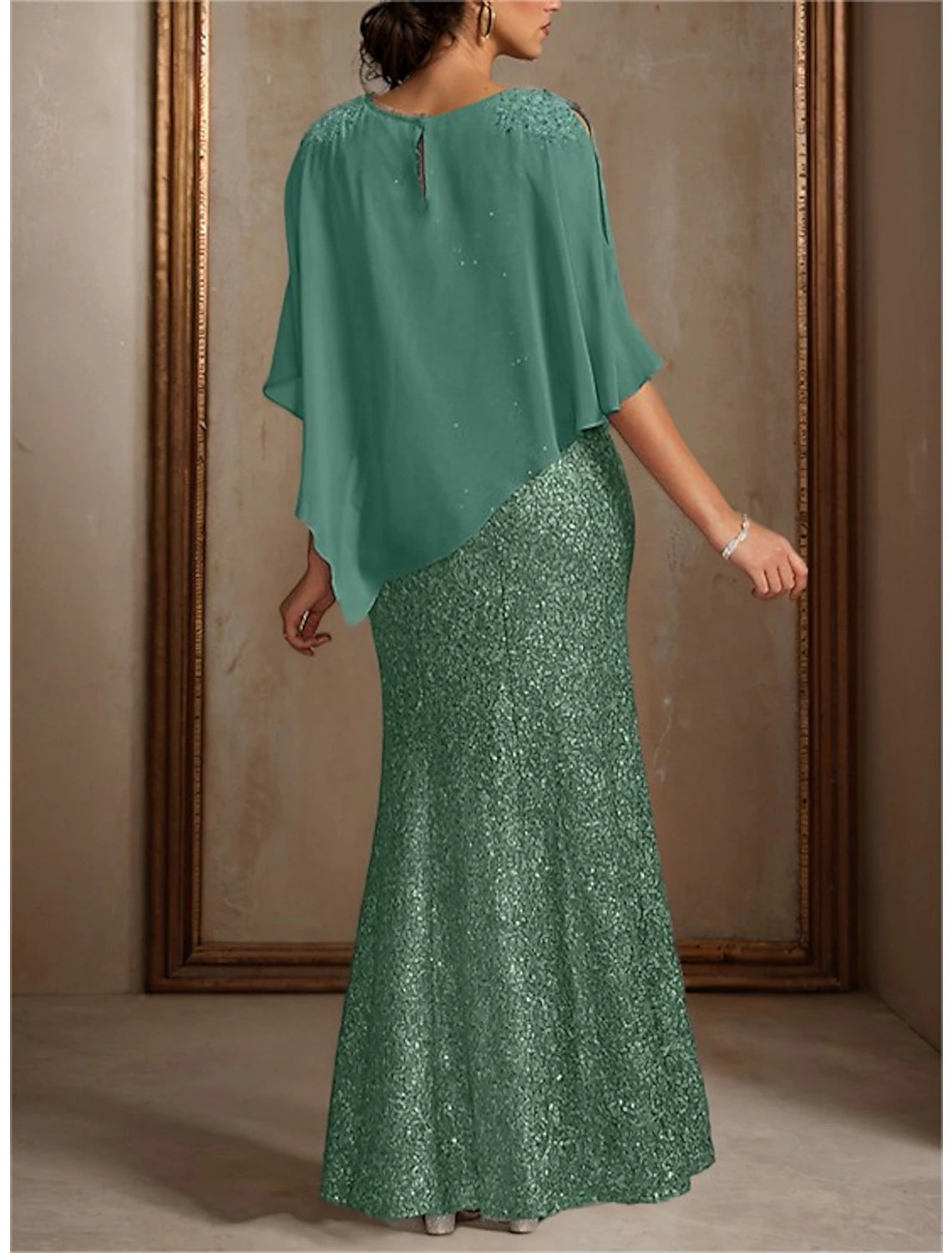 Wholesa Two Piece Mermaid / Trumpet Mother of the Bride Dress Formal Wedding Guest Elegant Jewel Neck Floor Length Chiffon Sequined 3/4 Length Sleeve Wrap Included with Beading Sequin