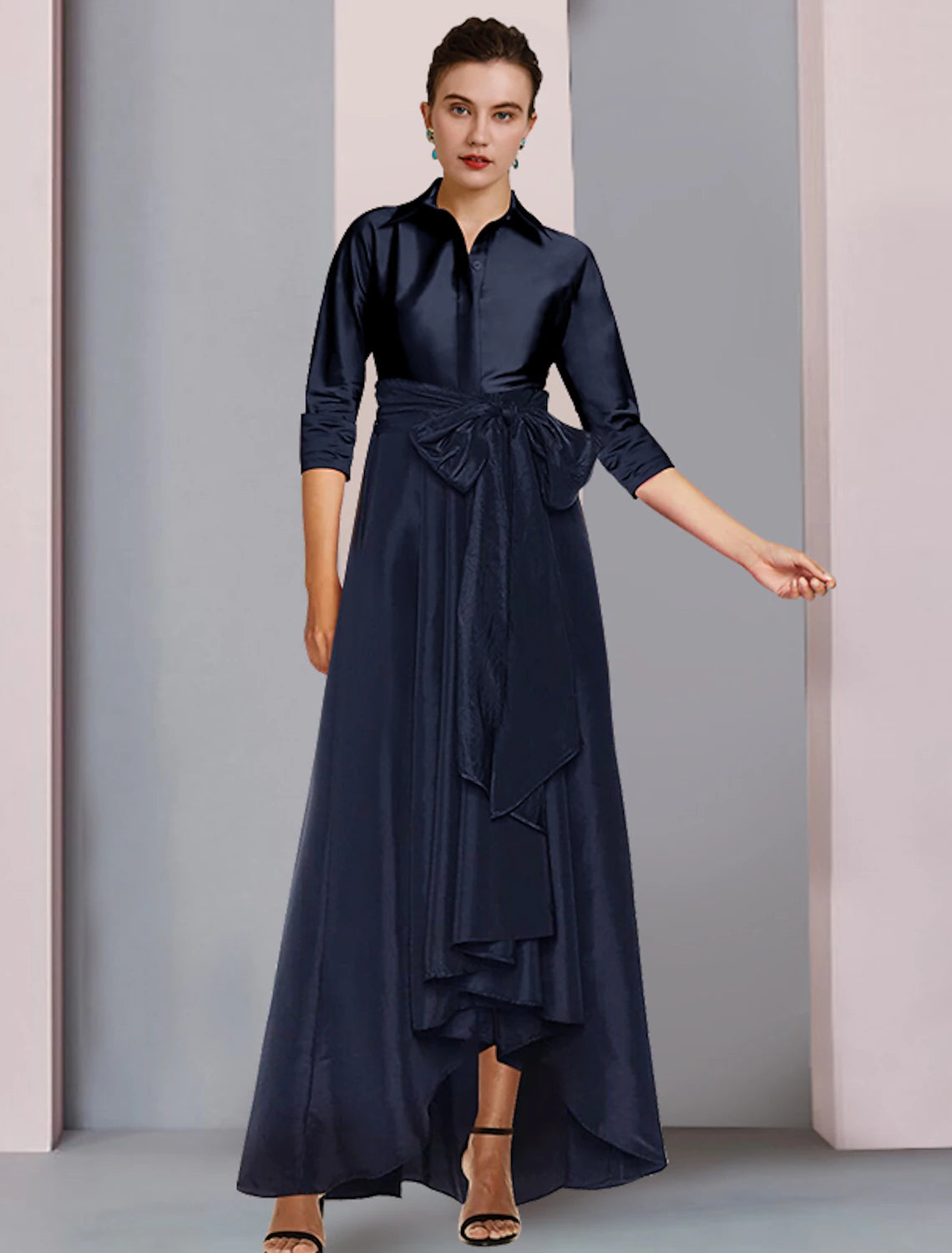 wholesale  A-Line Mother of the Bride Dress Plus Size Elegant High Low Shirt Collar Asymmetrical Floor Length Satin 3/4 Length Sleeve with Sash / Ribbon Bow(s) Pleats