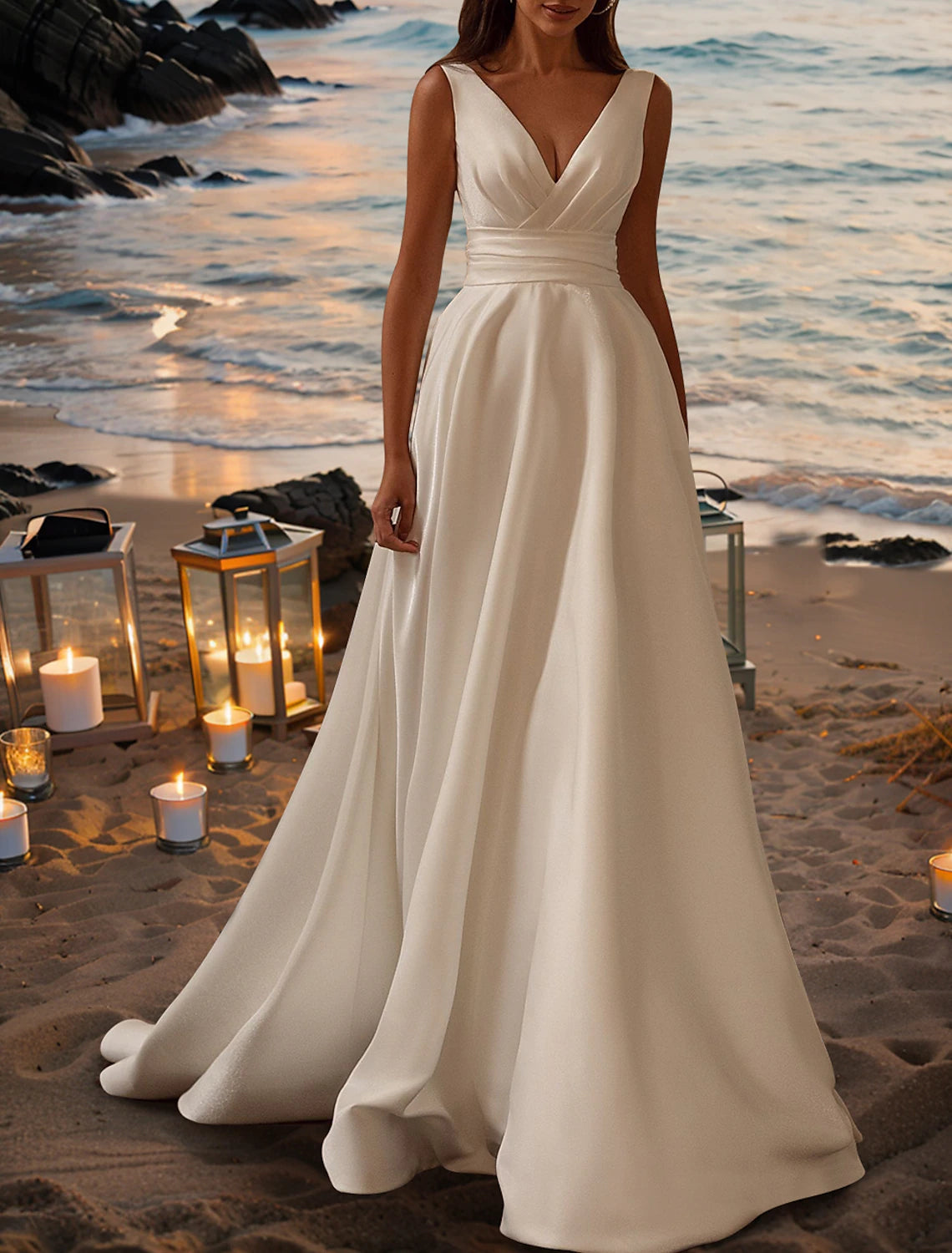 Wholesa Beach Simple Wedding Dresses A-Line V Neck Sleeveless Court Train Satin Bridal Gowns With Pleats Ruched