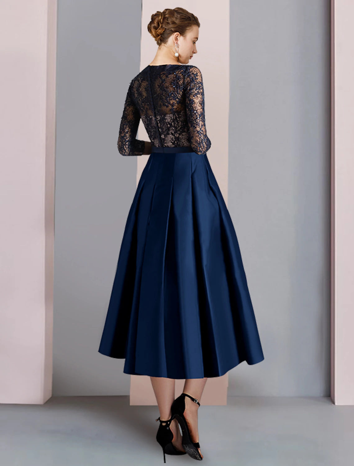 wholesale   A-Line Mother of the Bride Dress Formal Wedding Guest Party Elegant V Neck Tea Length Satin Lace Half Sleeve with Bow(s) Ruching