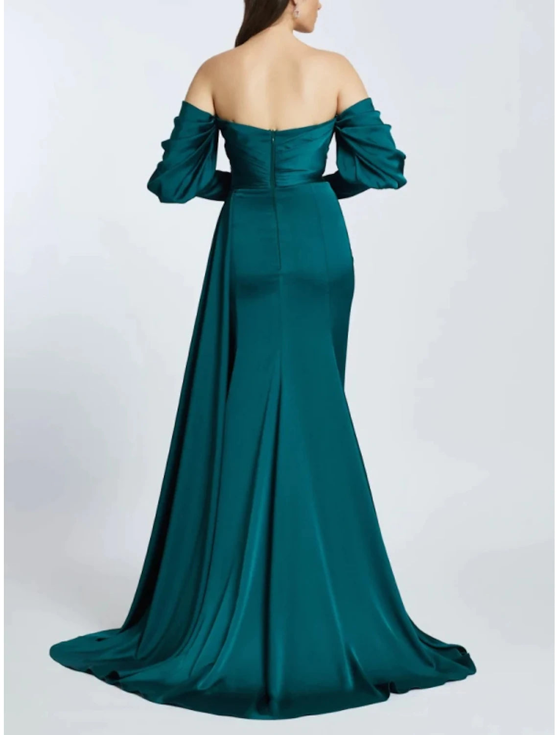 Wholesa A-Line Evening Gown High Split Dress Formal Sweep / Brush Train Long Sleeve Off Shoulder Satin with Pleats Ruched Slit