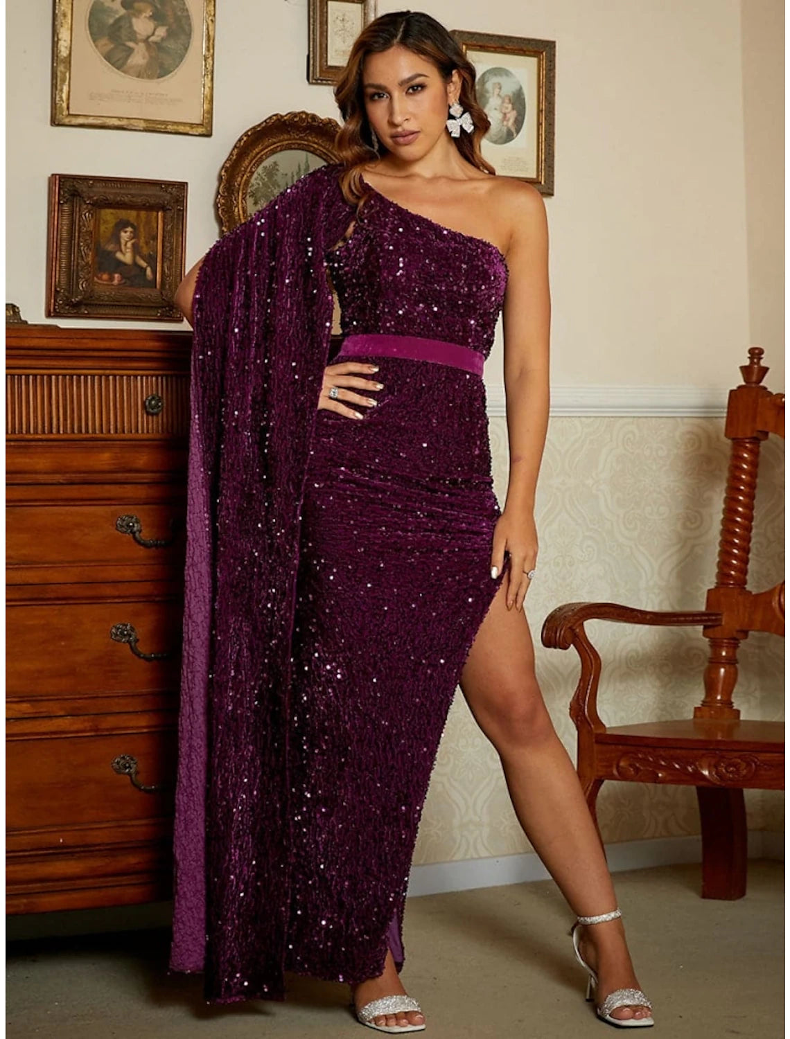Wholesa Mermaid / Trumpet Evening Gown Elegant Dress Formal Ankle Length Sleeveless One Shoulder Sequined with Glitter Slit