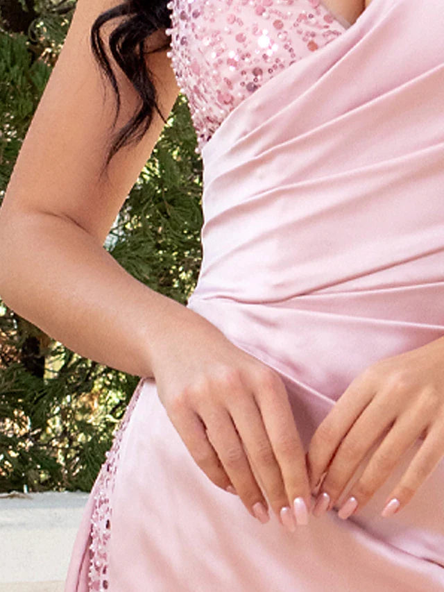 Wholesa Sheath / Column Evening Gown Sexy Dress Wedding Party Court Train Sleeveless One Shoulder Satin with Pearls Sequin Slit