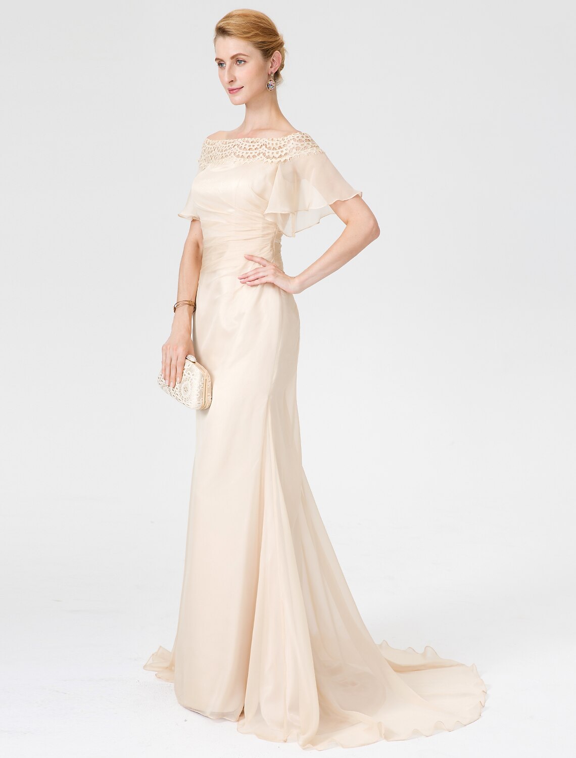 wholesale  Sheath / Column Mother of the Bride Dress Elegant Off Shoulder Sweep / Brush Train Chiffon Lace Short Sleeve with Pleats