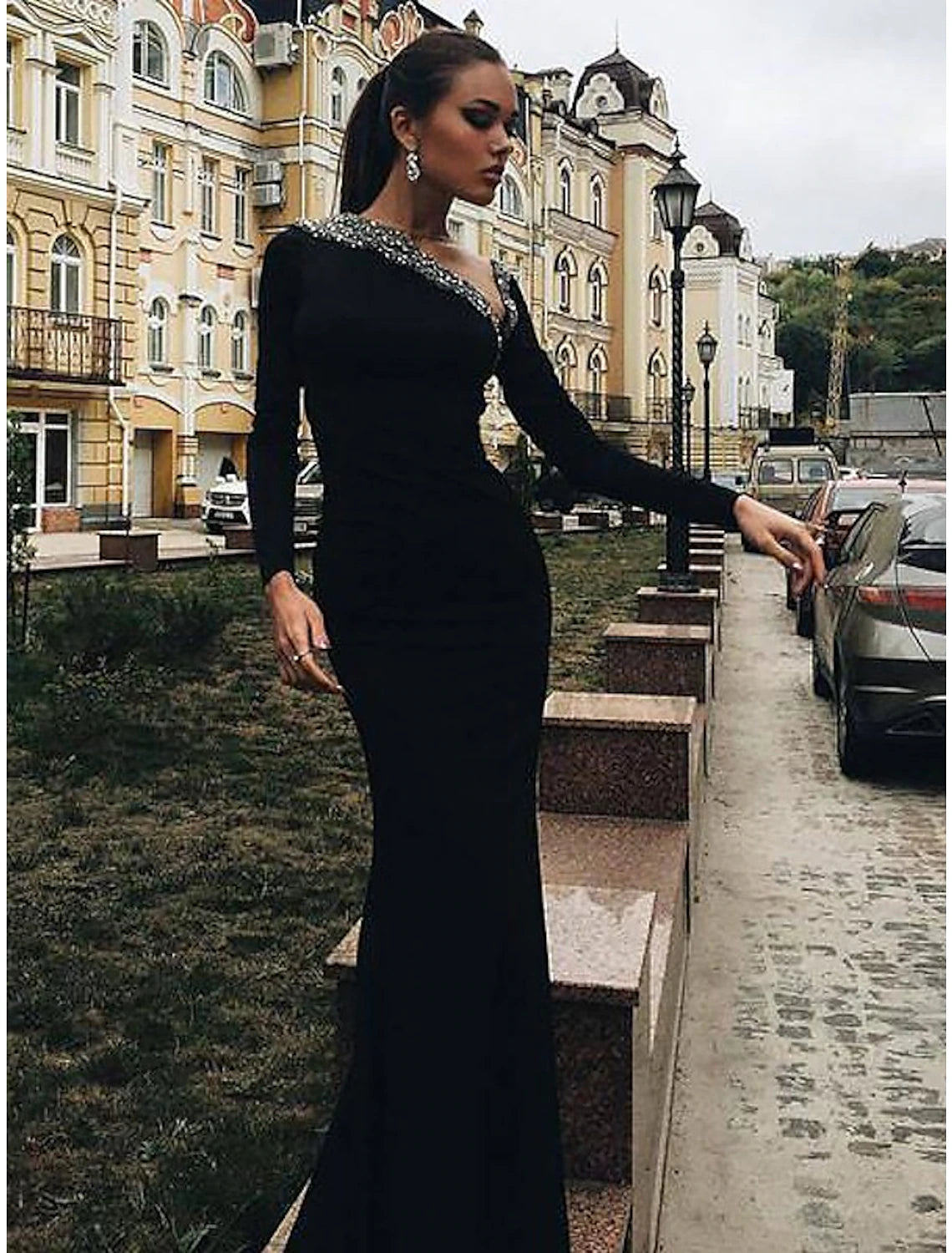 Wholesa Mermaid / Trumpet Evening Gown Open Back Dress Engagement Cocktail Party Floor Length Long Sleeve V Neck Stretch Fabric with Crystals Beading