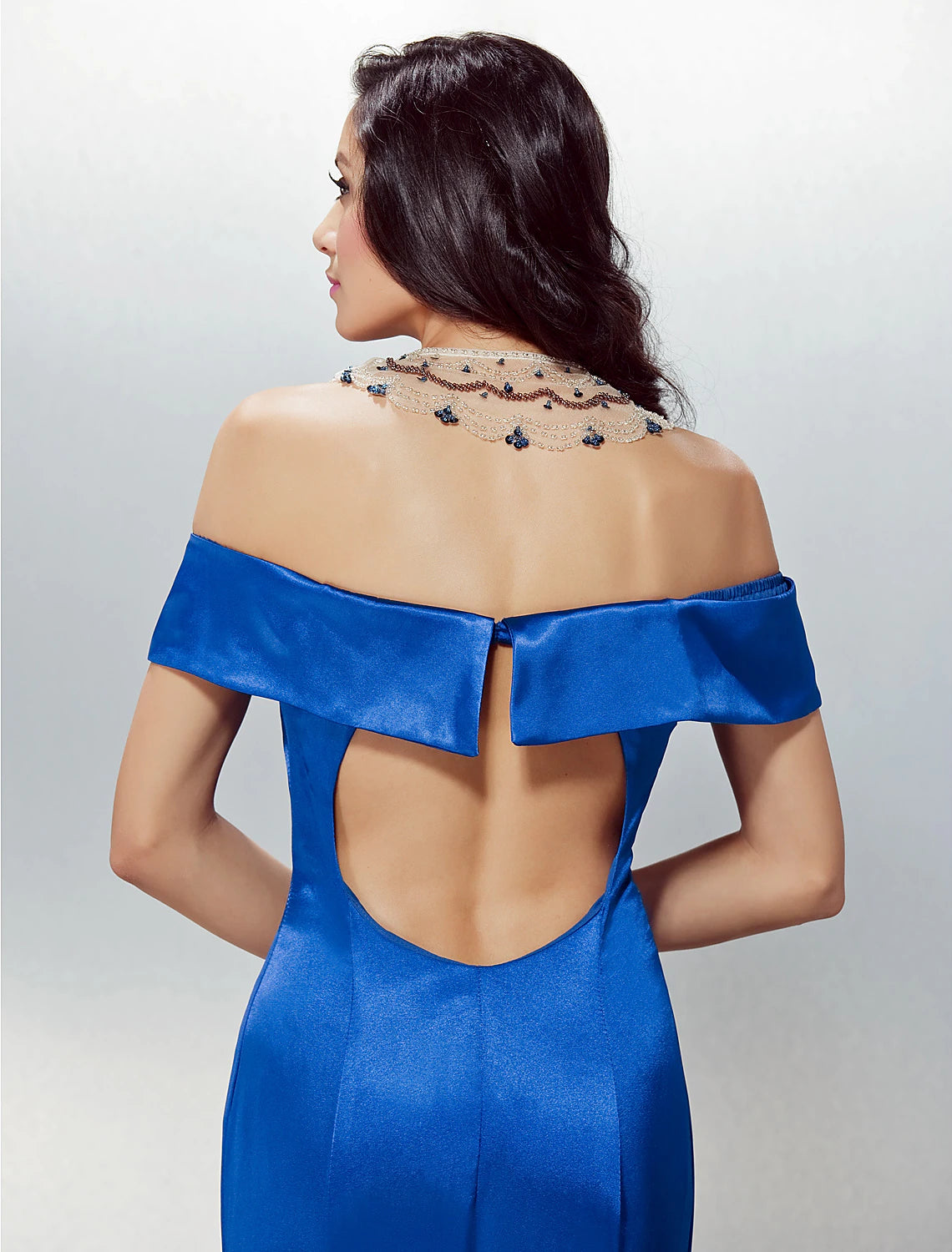 Wholesa Mermaid / Trumpet Beautiful Back Dress Formal Evening Sweep / Brush Train Short Sleeve Off Shoulder Stretch Satin with Crystals Beading