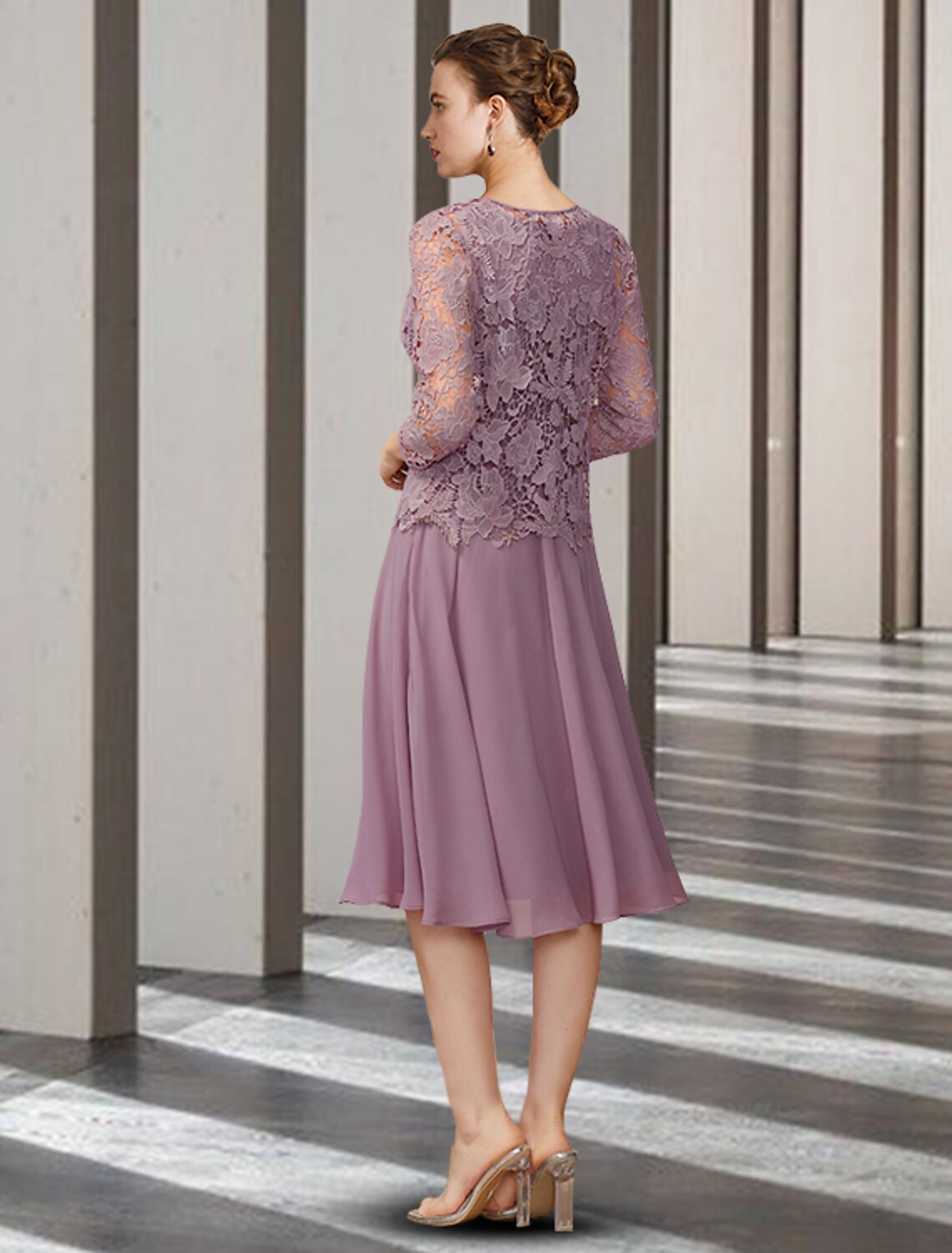 wholesale  Two Piece A-Line Mother of the Bride Dress Elegant Jewel Neck Knee Length Chiffon Lace Sleeveless with Solid Color