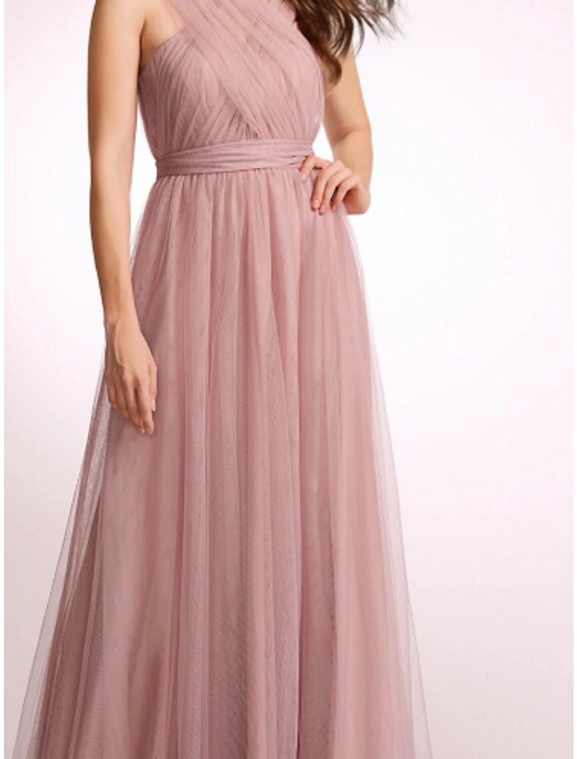 Wholesa  A-Line Bridesmaid Dress Halter Neck Sleeveless Elegant Floor Length Tulle with Ruching