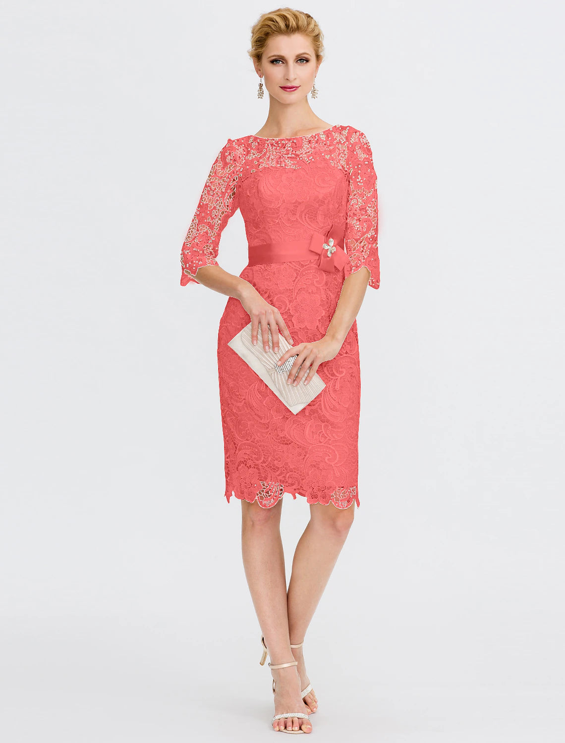 wholesale  Sheath / Column Mother of the Bride Dress Formal Wedding Guest Plus Size Elegant Illusion Neck Knee Length All Over Lace 3/4 Length Sleeve with Bow(s)