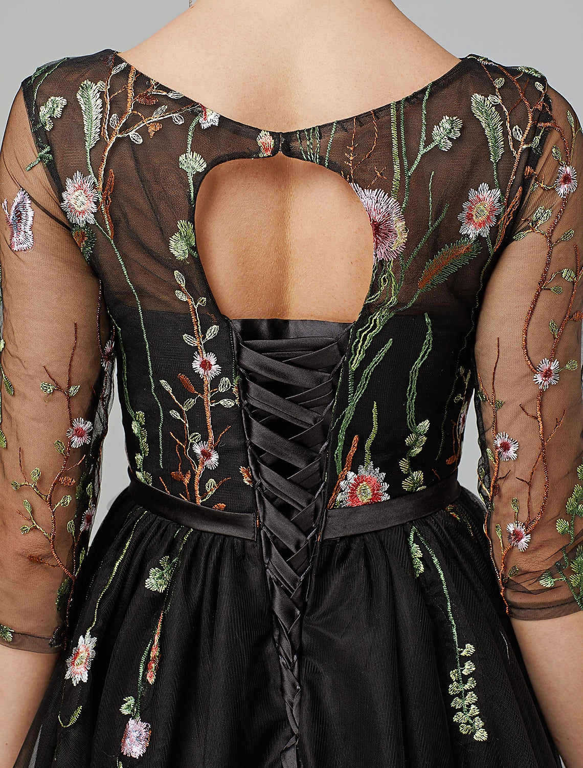 wholesale  A-Line Black Dress Vintage Wedding Guest Cocktail Party Knee Length Long Sleeve Illusion Neck Wednesday Addams Family Tulle with Embroidery Appliques