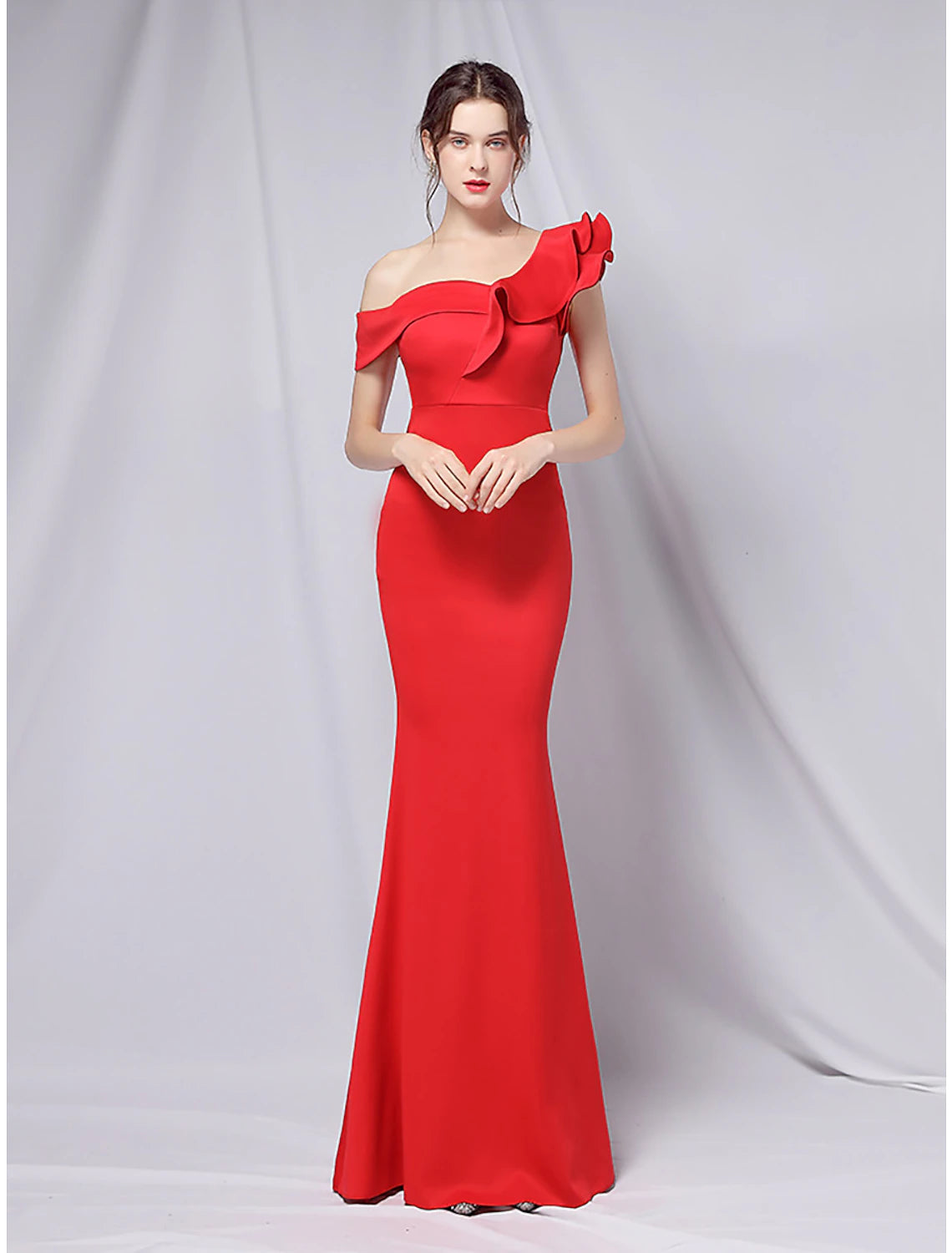 Wholesa Mermaid / Trumpet Evening Gown Empire Dress Wedding Guest Formal Evening Floor Length Short Sleeve One Shoulder Stretch Satin with Ruffles
