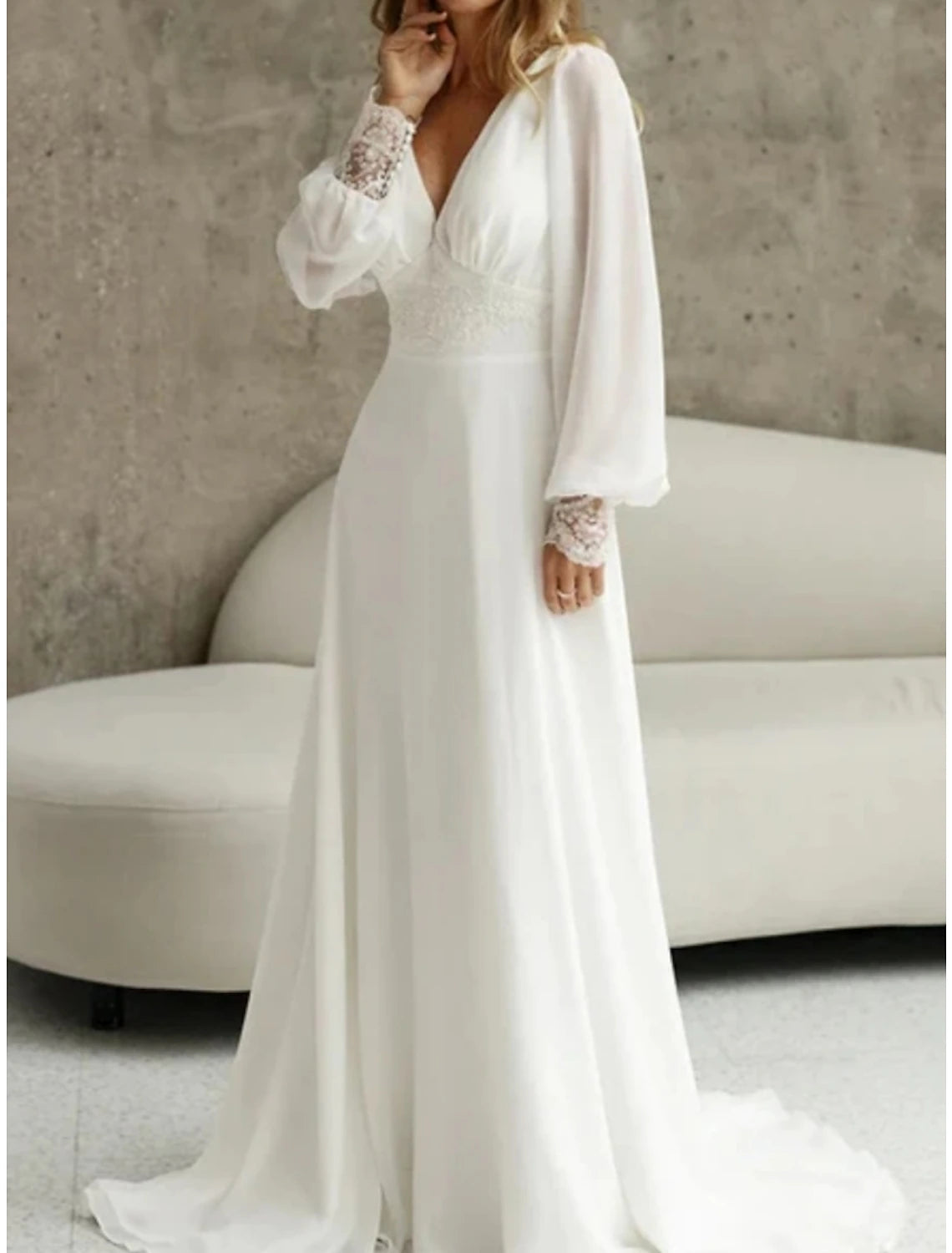 Wholesa Beach Simple Wedding Dresses Formal Wedding Dresses A-Line Illusion Neck Long Sleeve Floor Length Tulle Bridal Gowns With Ruched Beading