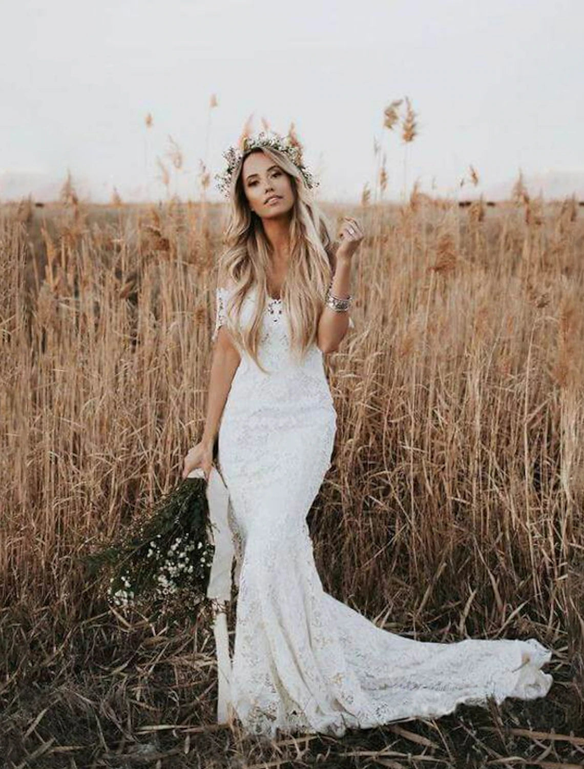 wholesale   Beach Boho Wedding Dresses Mermaid / Trumpet Off Shoulder Cap Sleeve Chapel Train Lace Bridal Gowns With Appliques Solid Color