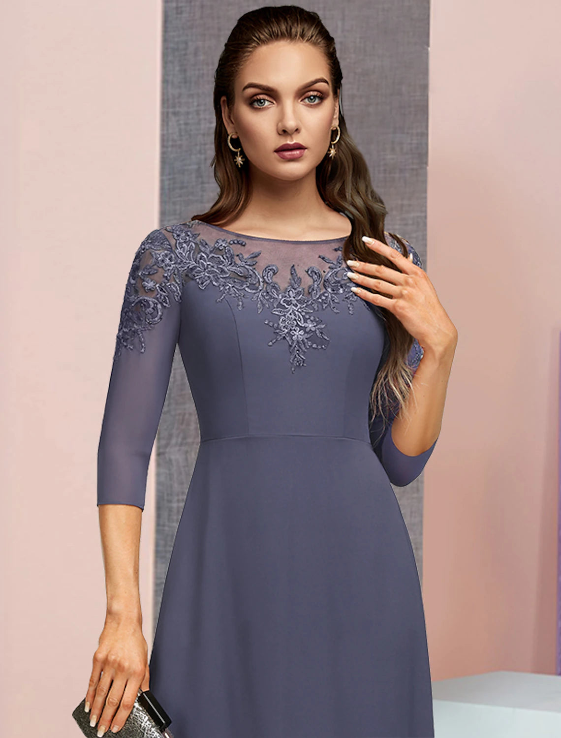 wholesale  A-Line Mother of the Bride Dress Formal Elegant Jewel Neck Floor Length Chiffon Lace 3/4 Length Sleeve with Sequin Appliques