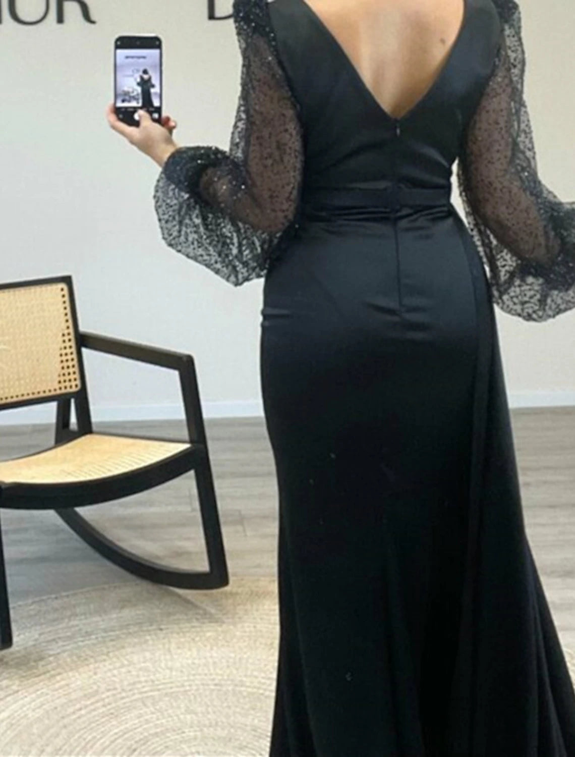 Wholesa A-Line Evening Gown Black Dress Plus Size Sparkle & Shine Dress Formal Cocktail Party Court Train Long Sleeve V Neck Belt / Sash Charmeuse with Ruched Sequin Slit