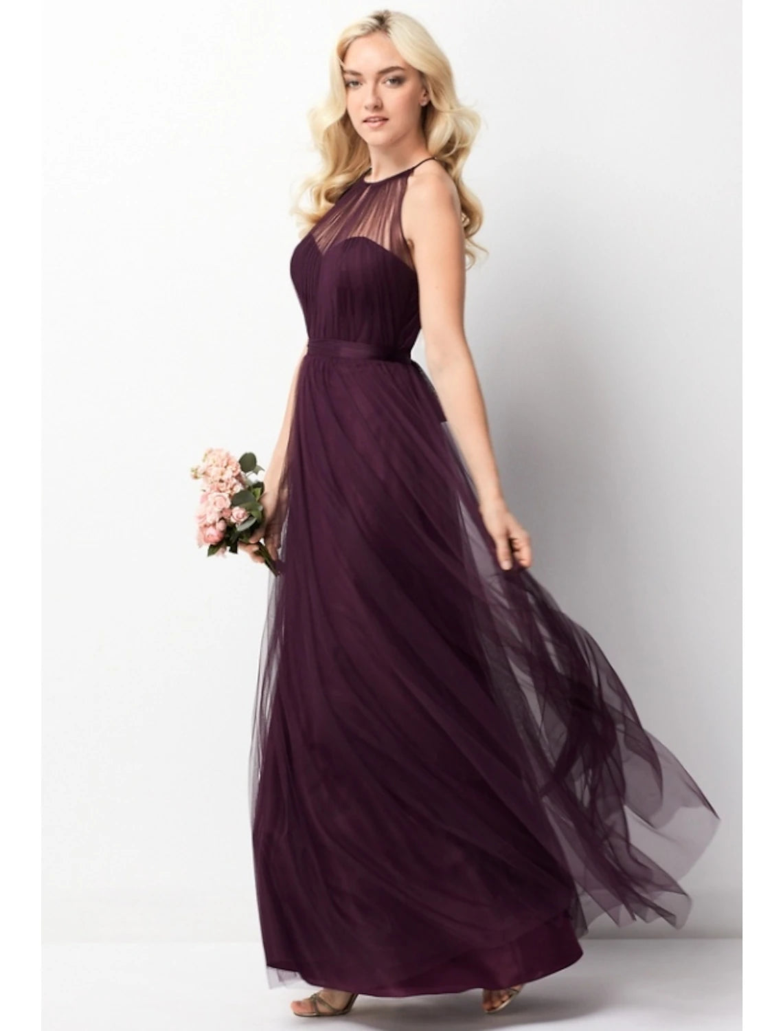 Wholesa  A-Line Bridesmaid Dress Halter Neck Sleeveless Elegant Floor Length Chiffon / Tulle