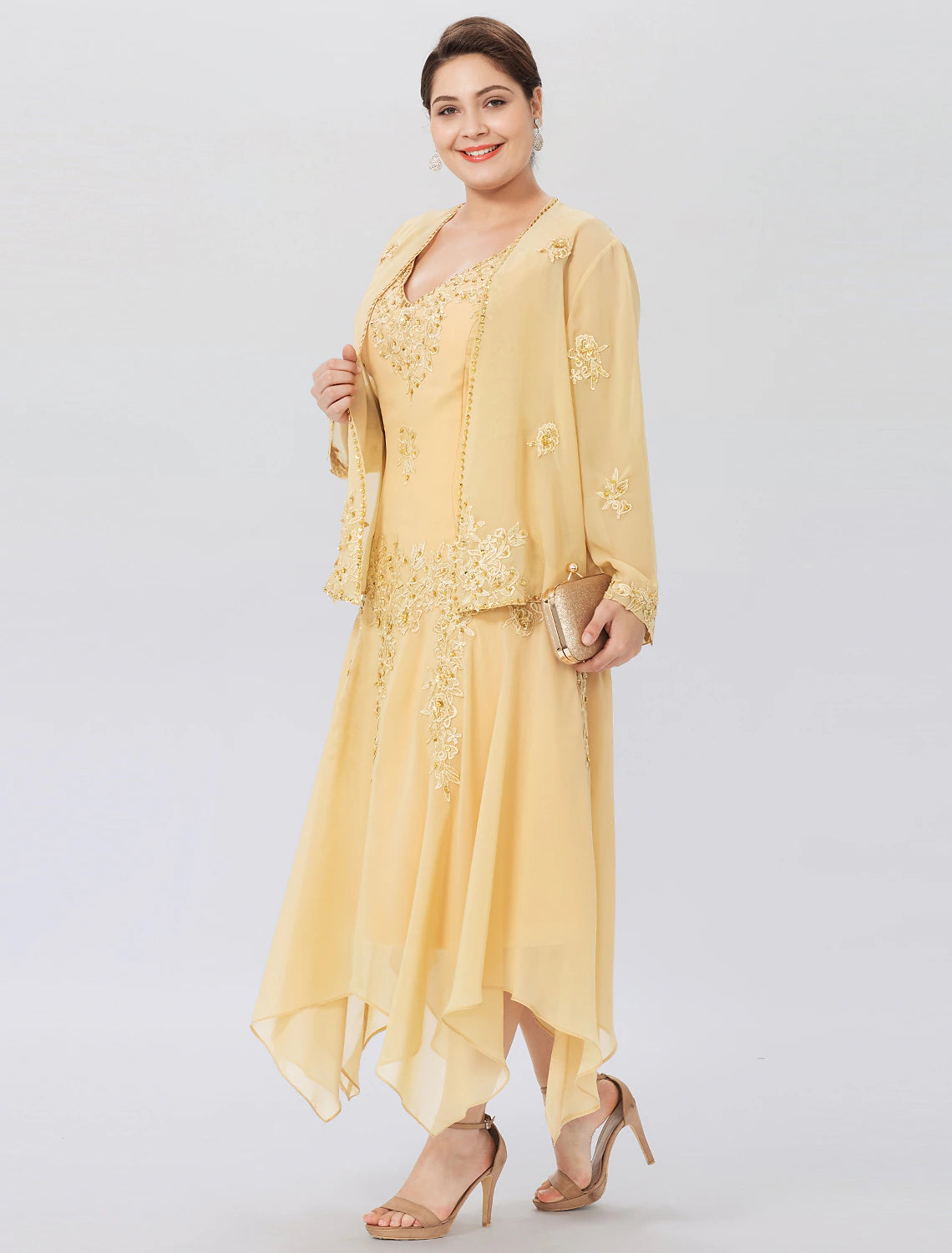 wholesale  A-Line Mother of the Bride Dress Formal Plus Size Elegant High Low V Neck Asymmetrical Chiffon Beaded Lace Long Sleeve Wrap Included with Beading Appliques