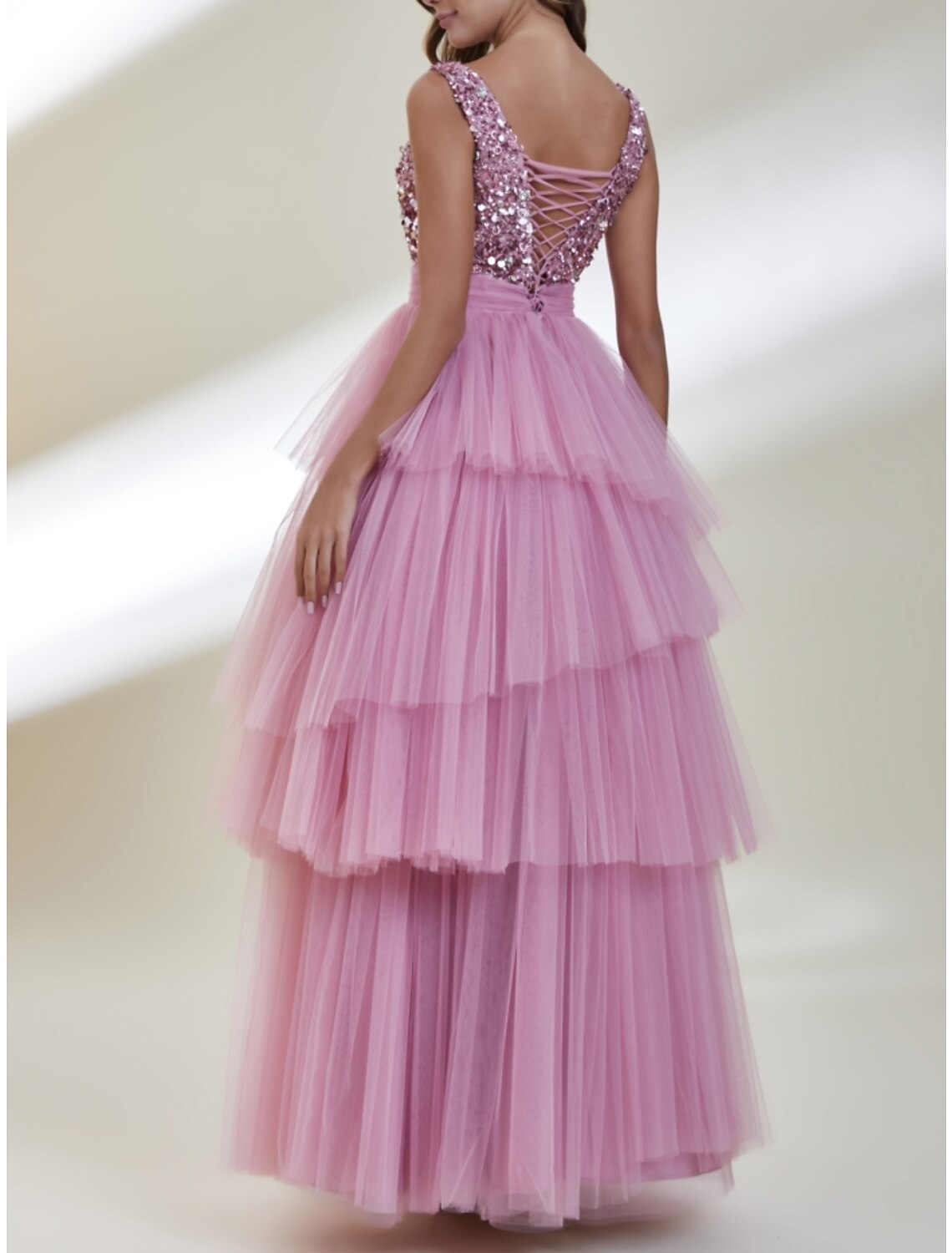 Wholesa A-Line Prom Dresses Elegant Dress Formal Floor Length Sleeveless V Neck Tulle with Pleats Sequin