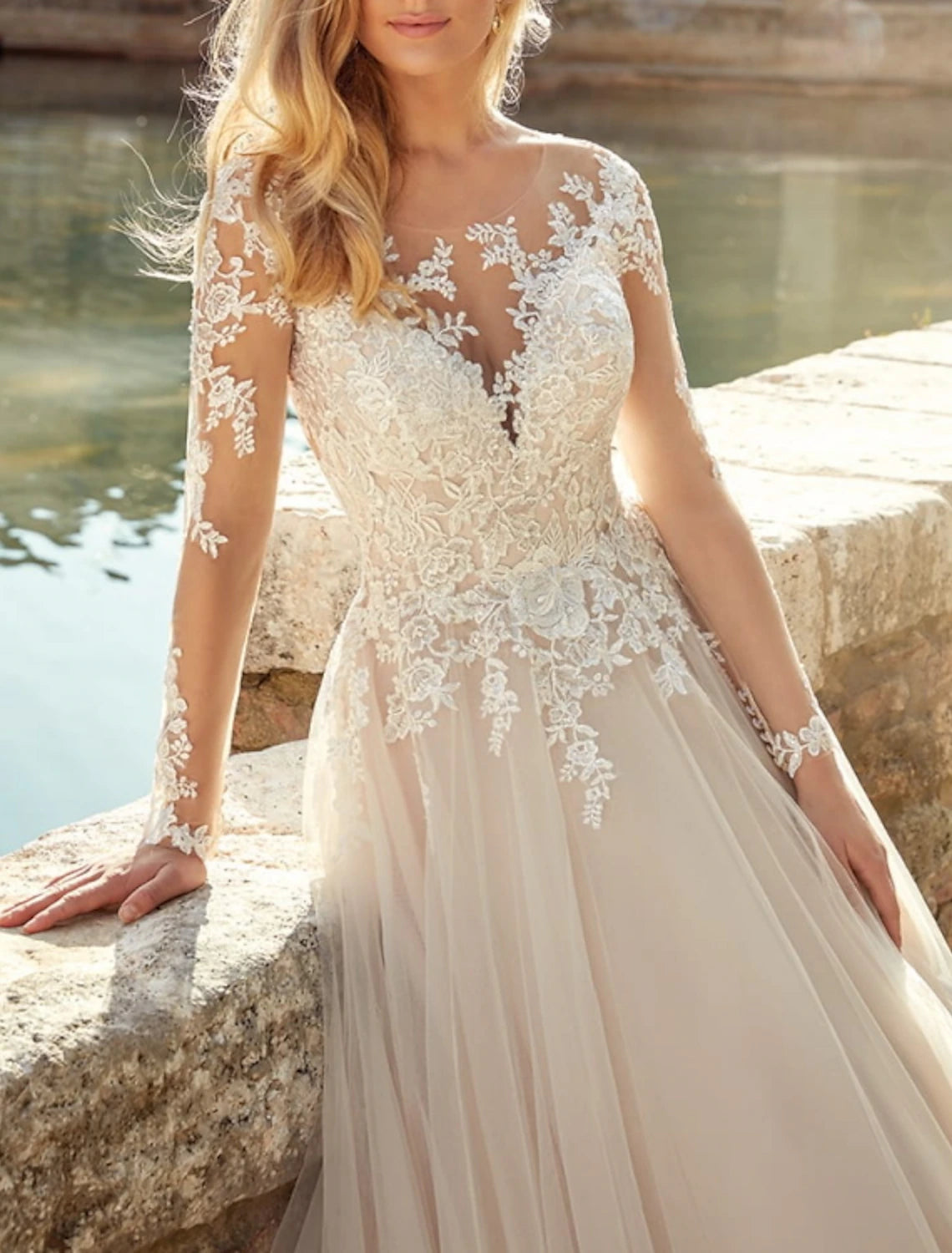 Wholesa Engagement Formal Wedding Dresses A-Line Illusion Neck Long Sleeve Sweep / Brush Train Lace Bridal Gowns With Appliques