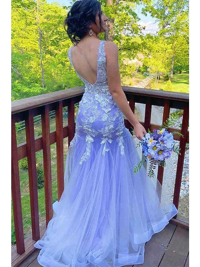 Wholesa Mermaid / Trumpet Prom Dresses Floral Dress Formal Sweep / Brush Train Sleeveless V Neck Tulle with Ruffles Appliques
