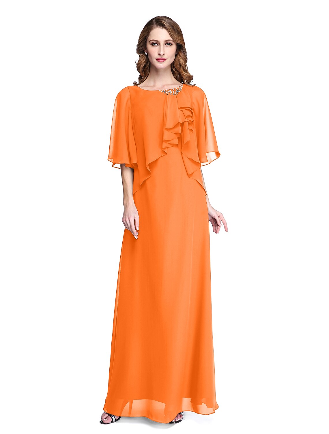 wholesale  Sheath / Column Mother of the Bride Dress Elegant Open Back Jewel Neck Floor Length Chiffon Half Sleeve with Pleats Beading Ruffle