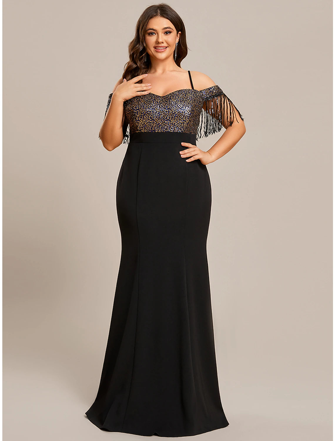 Wholesa Mermaid / Trumpet Wedding Guest Dresses Minimalist Dress Formal Black Tie Floor Length Short Sleeve Off Shoulder Stretch Fabric with Fringe Tassel