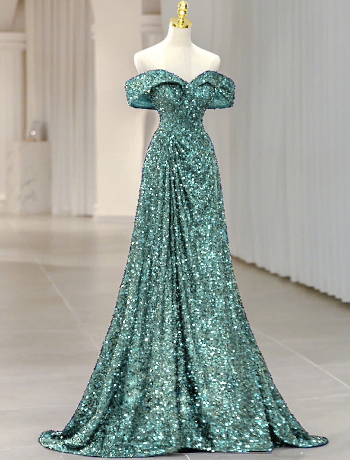 Wholesa  A-Line Evening Gown Sparkle & Shine Dress Formal Wedding Guest Sweep / Brush Train Sleeveless Off Shoulder Sequined with Glitter Sequin