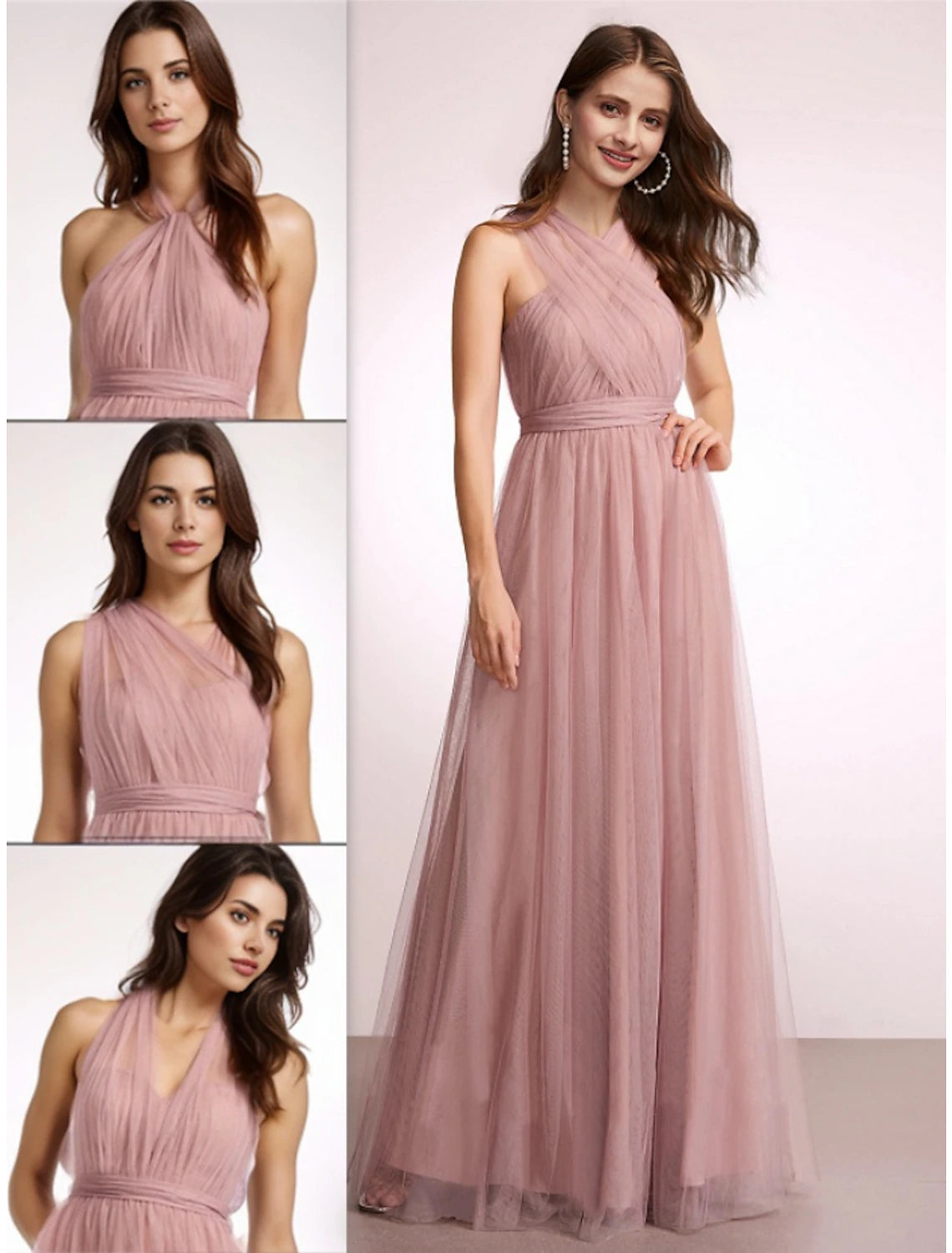 Wholesa  A-Line Bridesmaid Dress Halter Neck Sleeveless Elegant Floor Length Tulle with Ruching