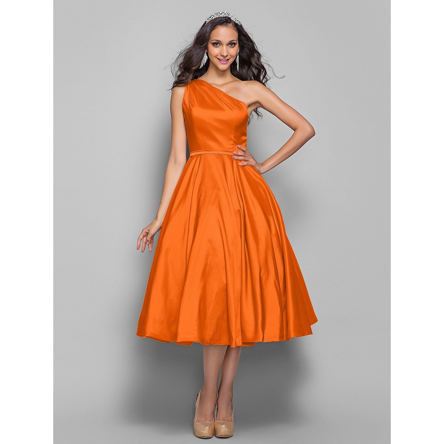 wholesale  A-Line Minimalist Elegant Cocktail Party Wedding Party Dress One Shoulder Sleeveless Tea Length Taffeta with Sash / Ribbon