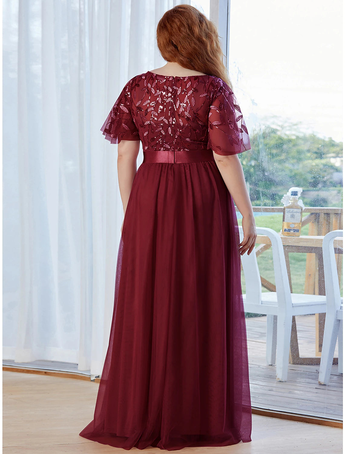 Wholesa A-Line Prom Dresses Vintage Dress Prom Floor Length Short Sleeve Jewel Neck Tulle with Sequin Ruffles Appliques