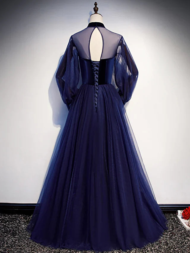 Wholesa A-Line Prom Dresses Vintage Dress Party Wear Floor Length Long Sleeve Stand Collar Tulle with Bow(s) Strappy