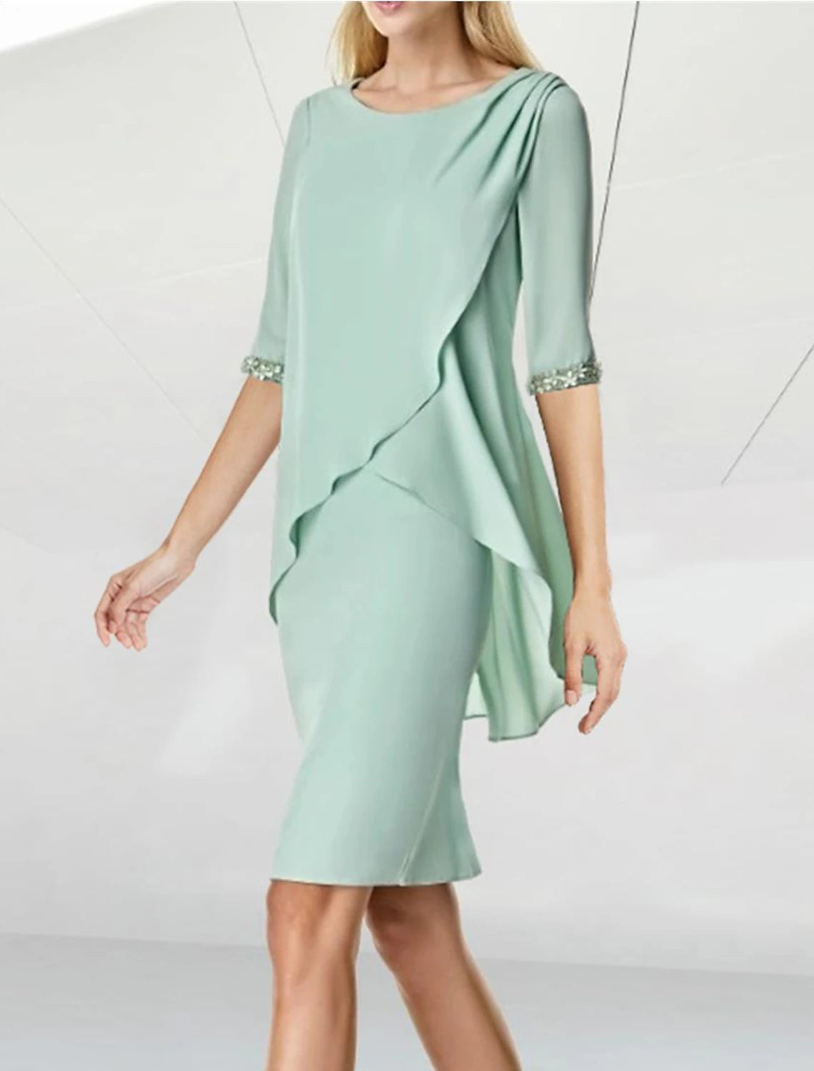 Wholesa Sheath / Column Mother of the Bride Dress Wedding Guest Elegant Jewel Neck Knee Length Chiffon Half Sleeve with Beading Ruching