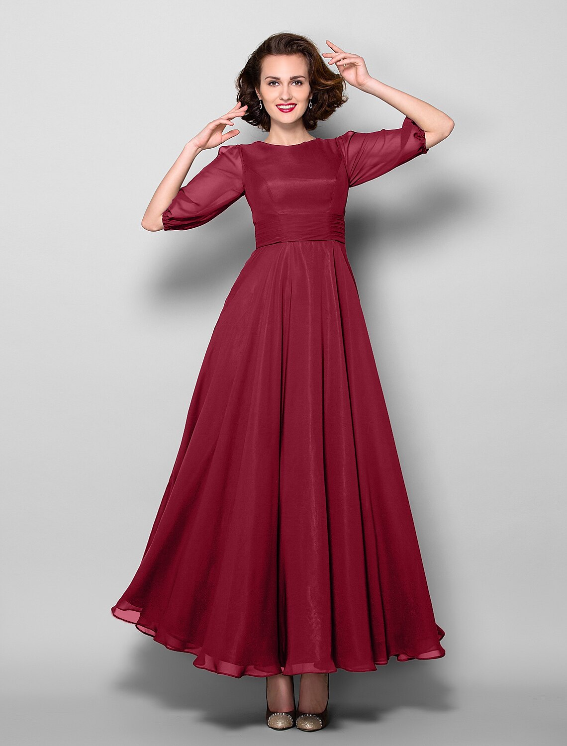 wholesale  A-Line Mother of the Bride Dress Elegant Jewel Neck Ankle Length Chiffon Half Sleeve with Sash / Ribbon Ruched
