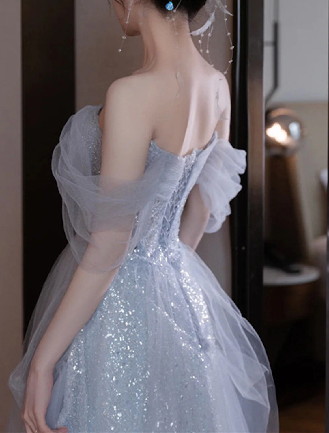 Wholesa  A-Line Party Dresses Sparkle & Shine Dress Wedding Guest Prom Floor Length Sleeveless Off Shoulder Sequined with Sequin