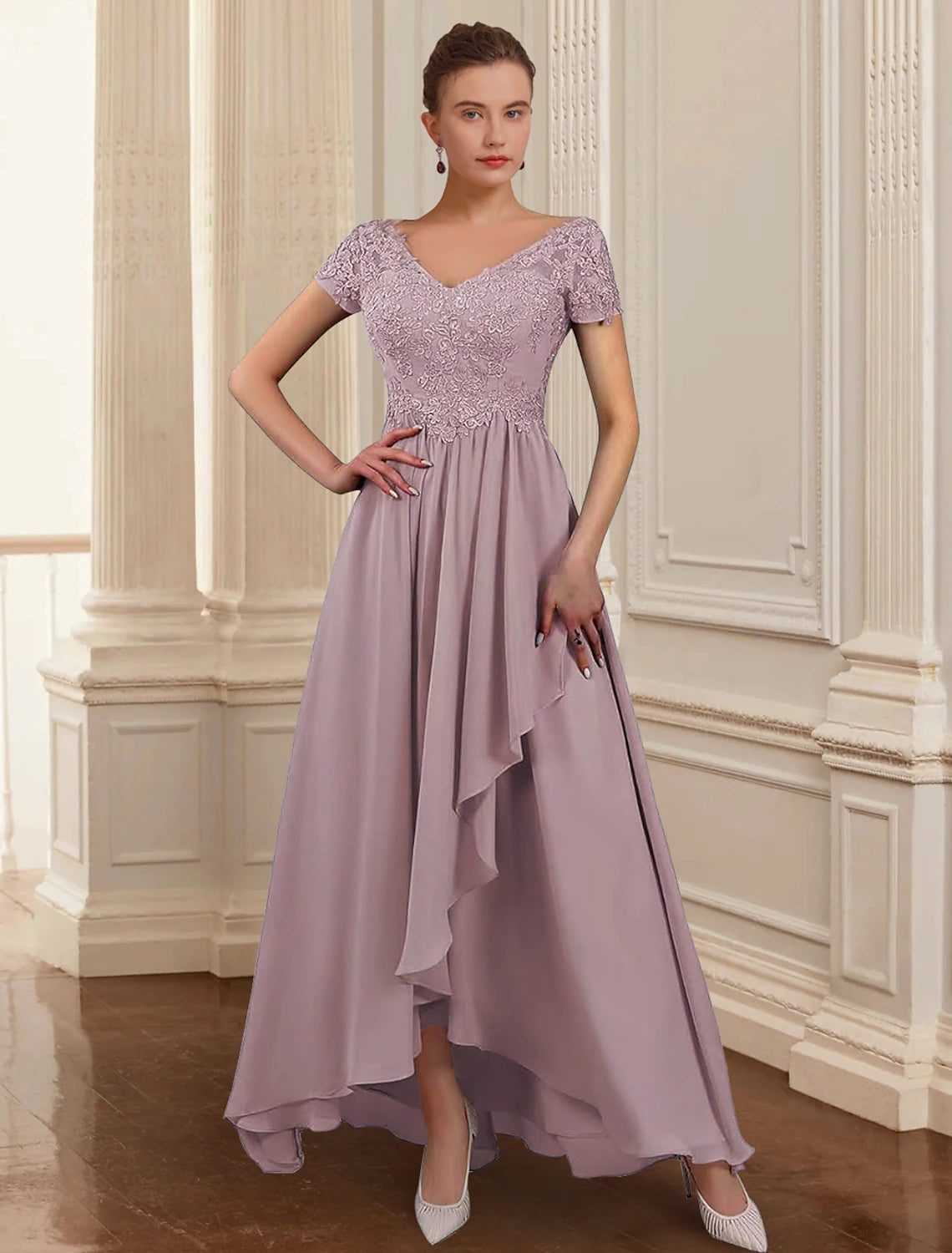 Wholesa  Two Piece A-Line Mother of the Bride Dress Formal Wedding Guest Elegant High Low V Neck Asymmetrical Ankle Length Chiffon Lace 3/4 Length Sleeve Jacket Dresses with Appliques