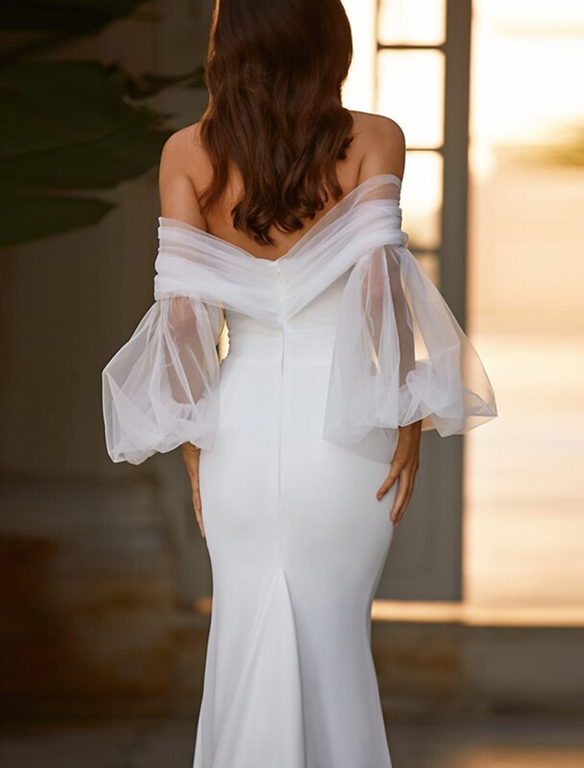 Wholesa  Hall Casual Wedding Dresses Mermaid / Trumpet Off Shoulder Long Sleeve Sweep / Brush Train Satin Bridal Gowns With Split Front