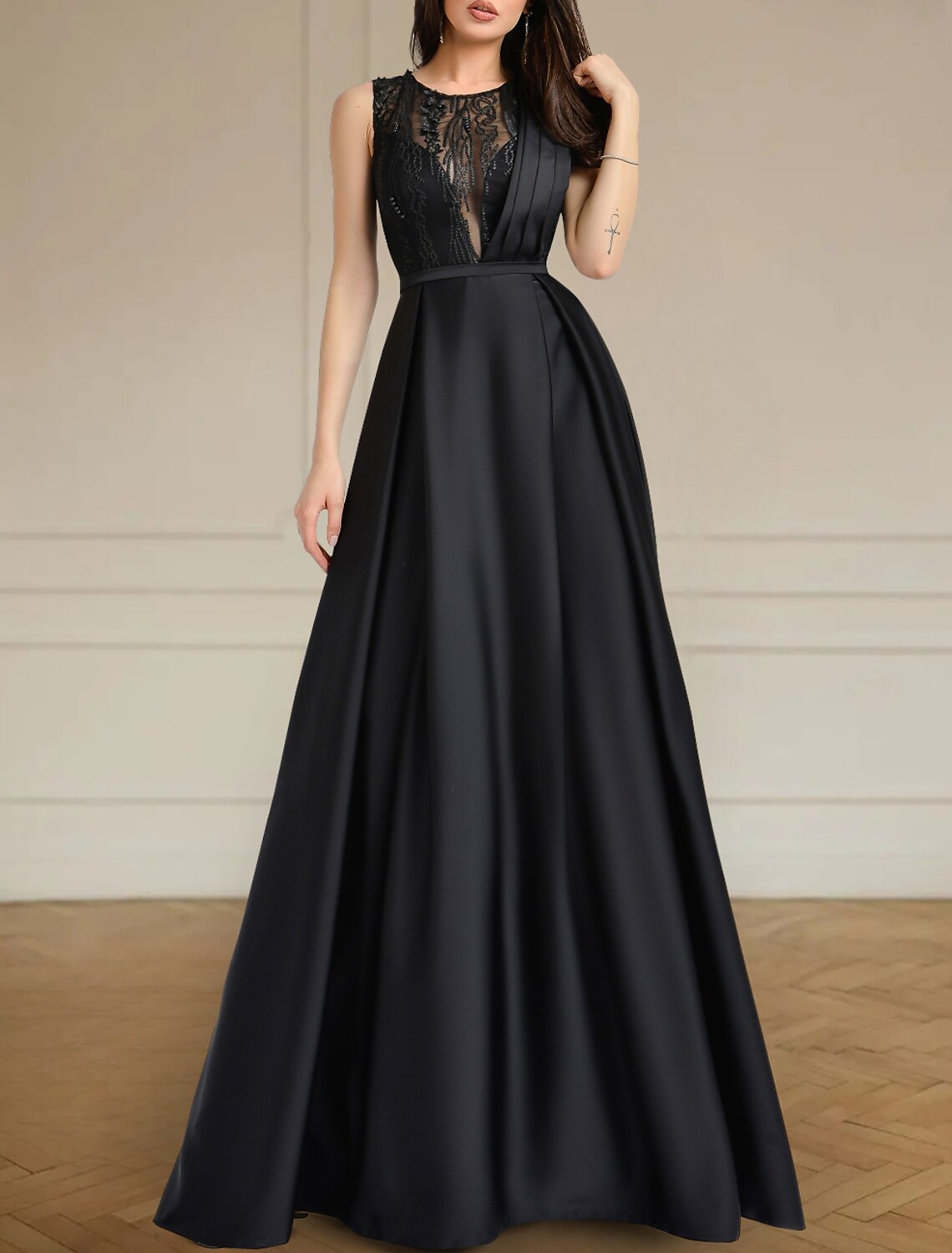 Wholesa Black Wedding Dresses Formal A-Line Scoop Neck Sleeveless Floor Length Lace Satin Fall Halloween Reception Bridal Gowns With Pleats Beading
