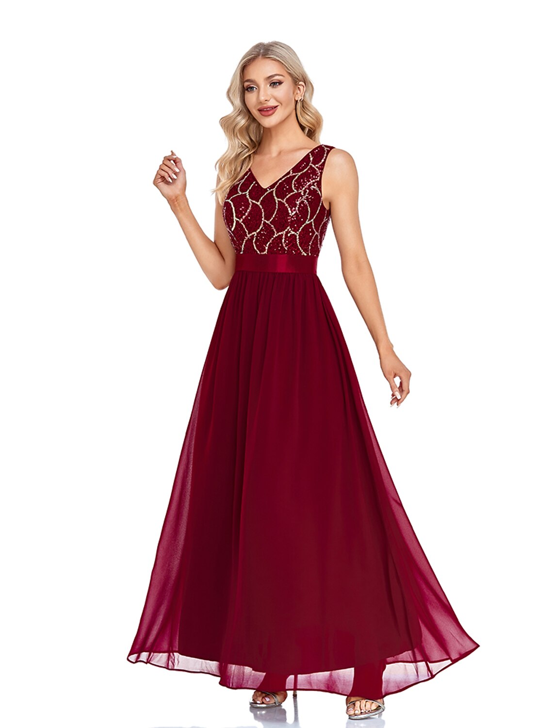 Wholesa A-Line Evening Gown Sparkle & Shine Dress Wedding Guest Prom Floor Length Sleeveless V Neck Bridesmaid Dress Chiffon V Back with Sequin Splicing