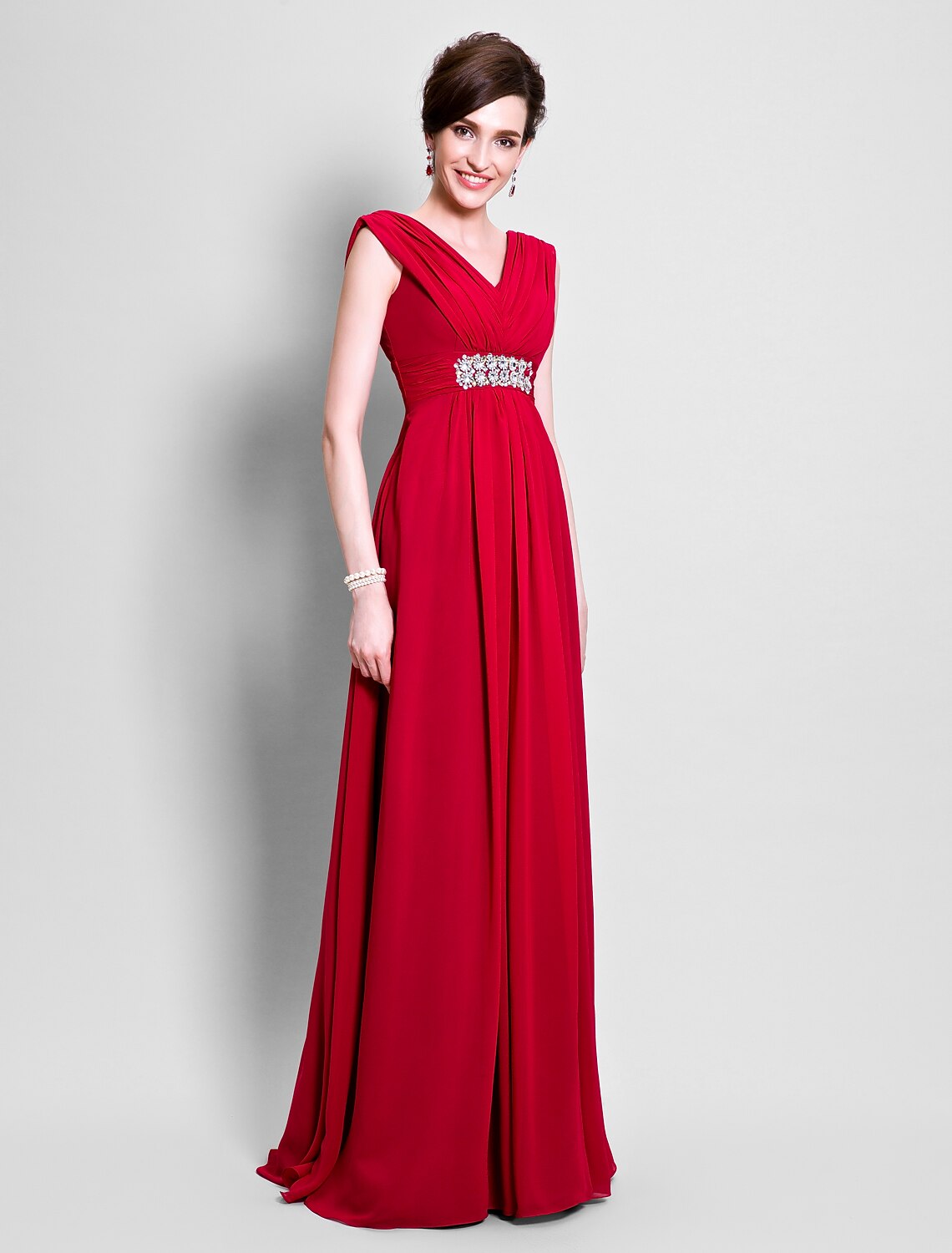 wholesale   A-Line Mother of the Bride Dress V Neck Floor Length Chiffon Sleeveless with Beading Side Draping