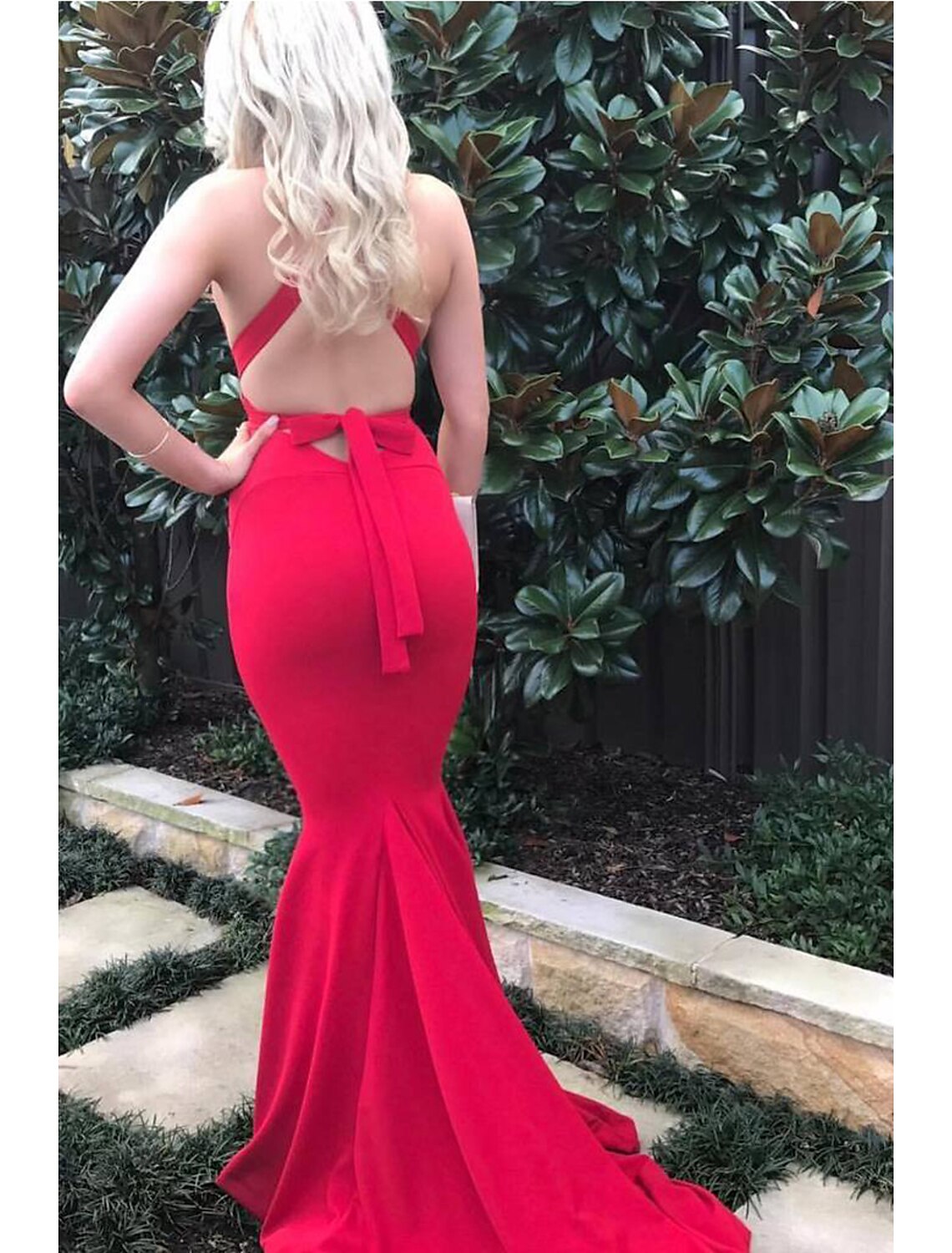 Wholesa Mermaid / Trumpet Evening Gown Open Back Dress Formal Prom Court Train Sleeveless V Neck Stretch Fabric with Strappy