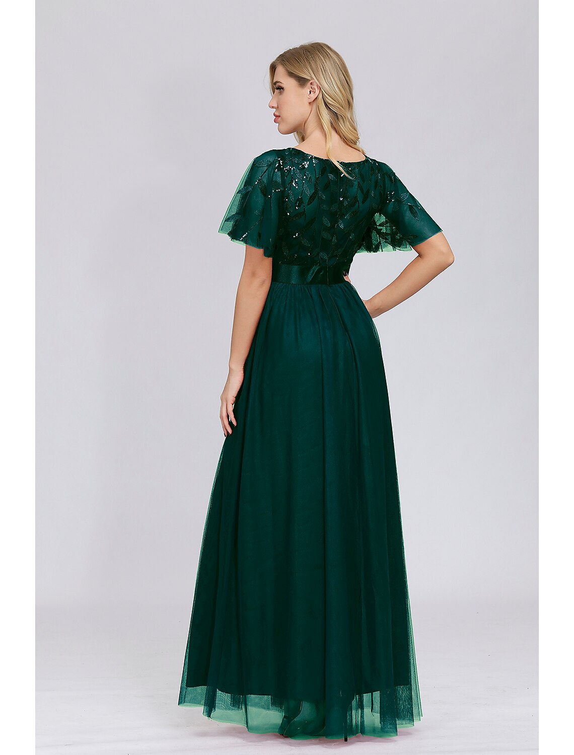 wholesa A-Line Empire Elegant Party Wear Prom Dress Jewel Neck Short Sleeve Floor Length Tulle with Embroidery / Illusion Sleeve