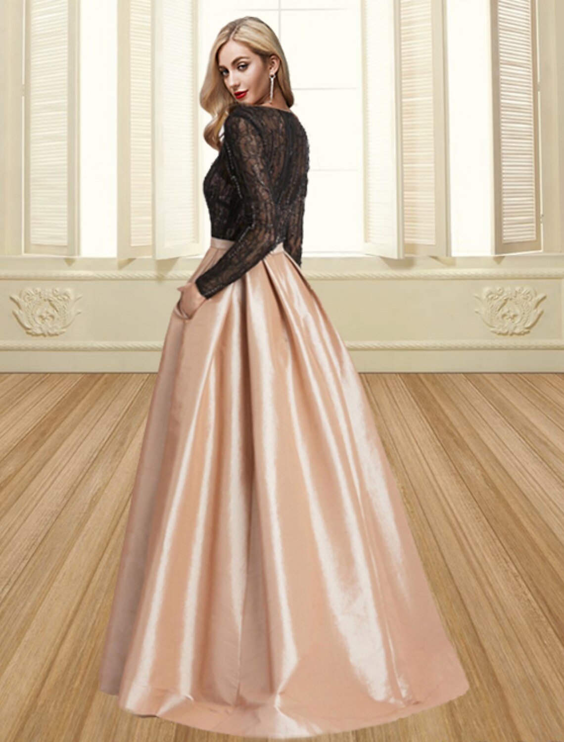 Wholesa Ball Gown Evening Gown Color Block Dress Engagement Formal Evening Floor Length Long Sleeve Jewel Neck Satin with Pleats