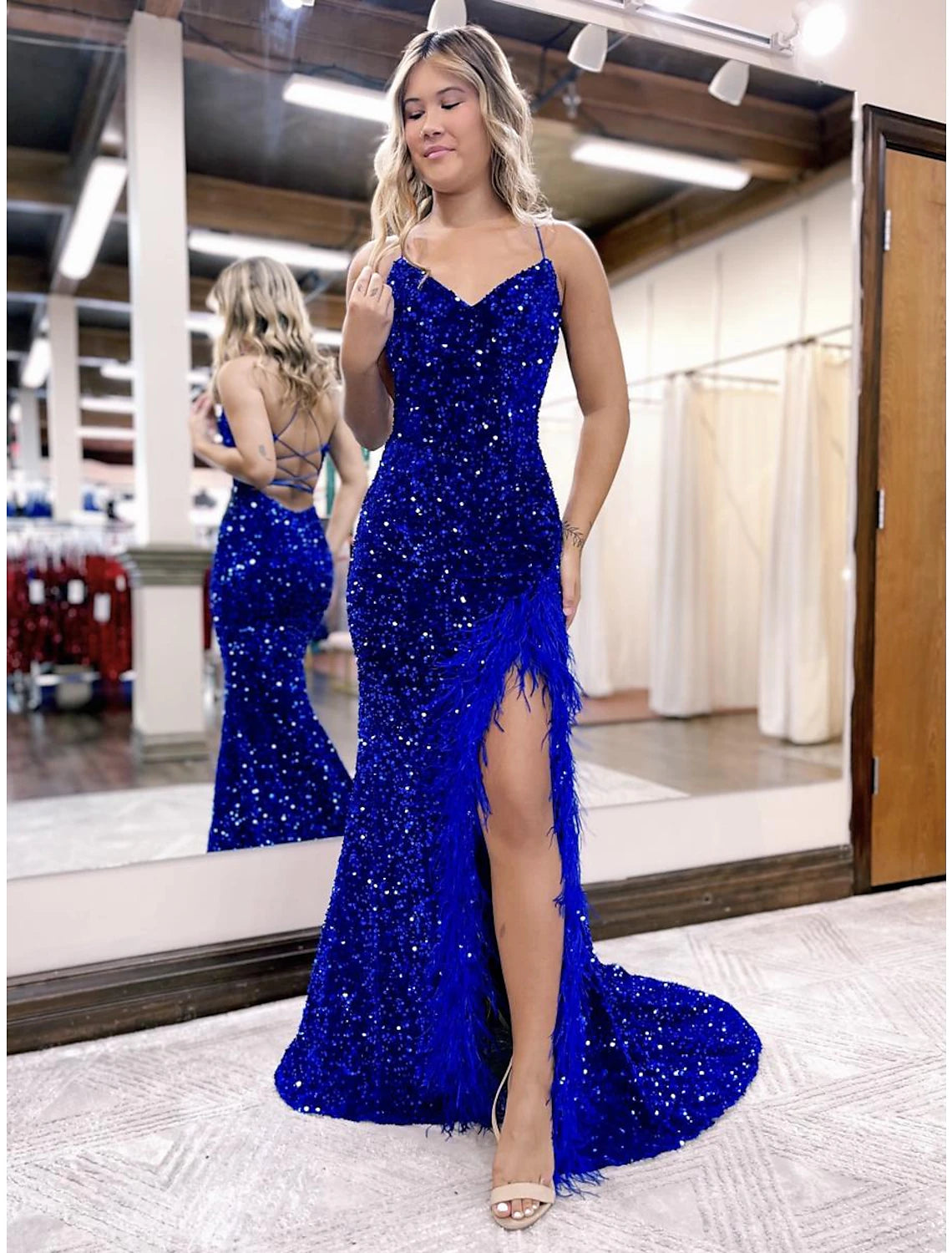 Wholesa Mermaid / Trumpet Prom Dresses Sparkle & Shine Dress Formal Wedding Party Court Train Sleeveless V Neck Sequined Backless with Sequin Slit