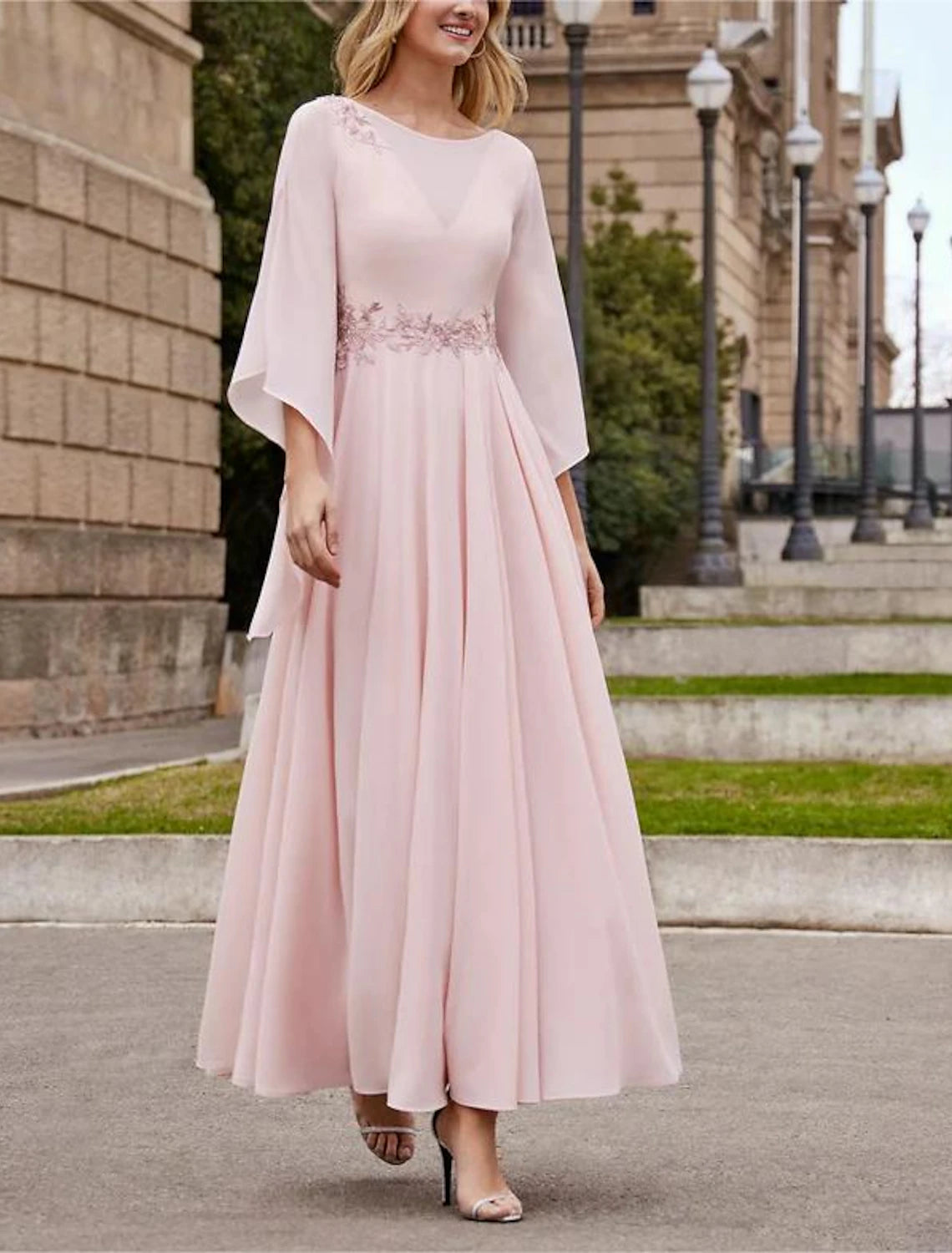 Wholesa A-Line Mother of the Bride Dress Formal Wedding Guest Elegant Bateau Neck Ankle Length Chiffon 3/4 Length Sleeve with Beading Sequin