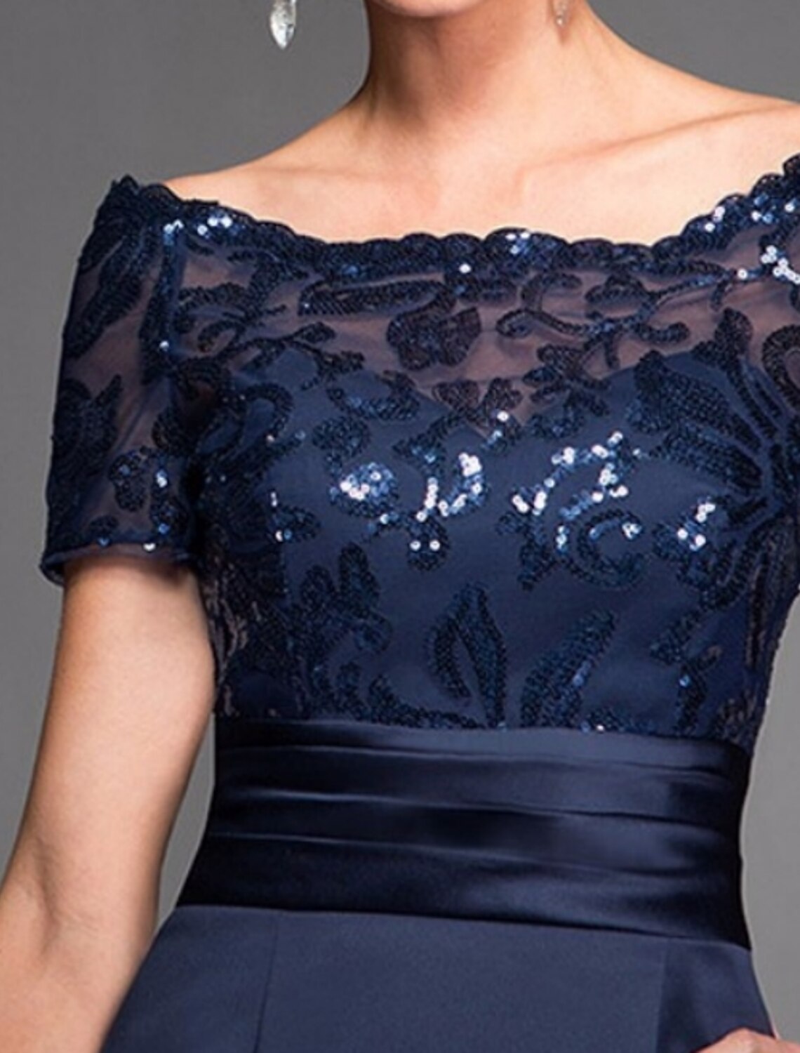 Wholesa A-Line Mother of the Bride Dress Wedding Guest Elegant Plus Size Sparkle & Shine Off Shoulder Knee Length Satin Lace Sequined Short Sleeve with Ruched Appliques