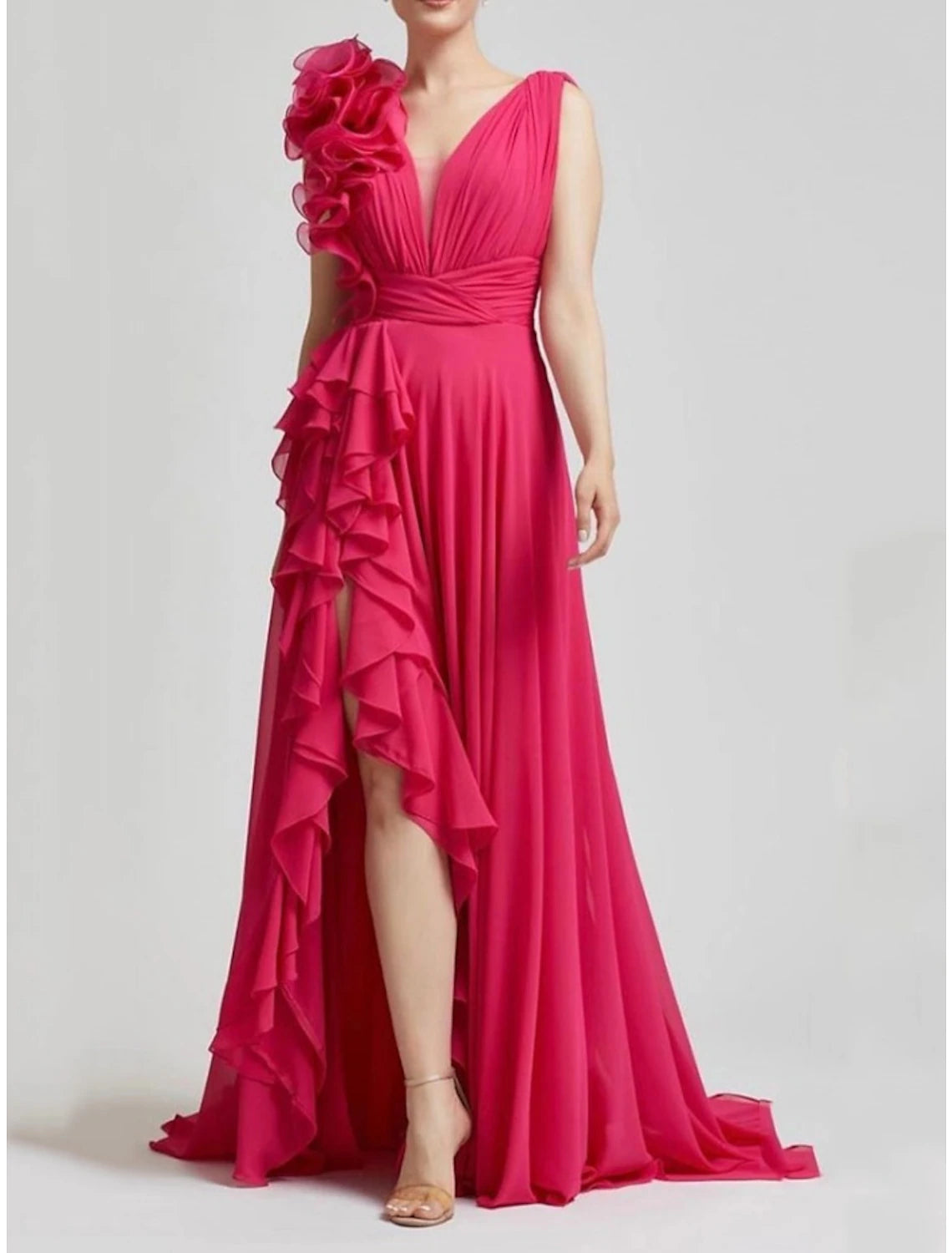 Wholesa A-Line Evening Gown Elegant Dress Formal Sweep / Brush Train Sleeveless V Neck Chiffon with Pleats Ruched Ruffles