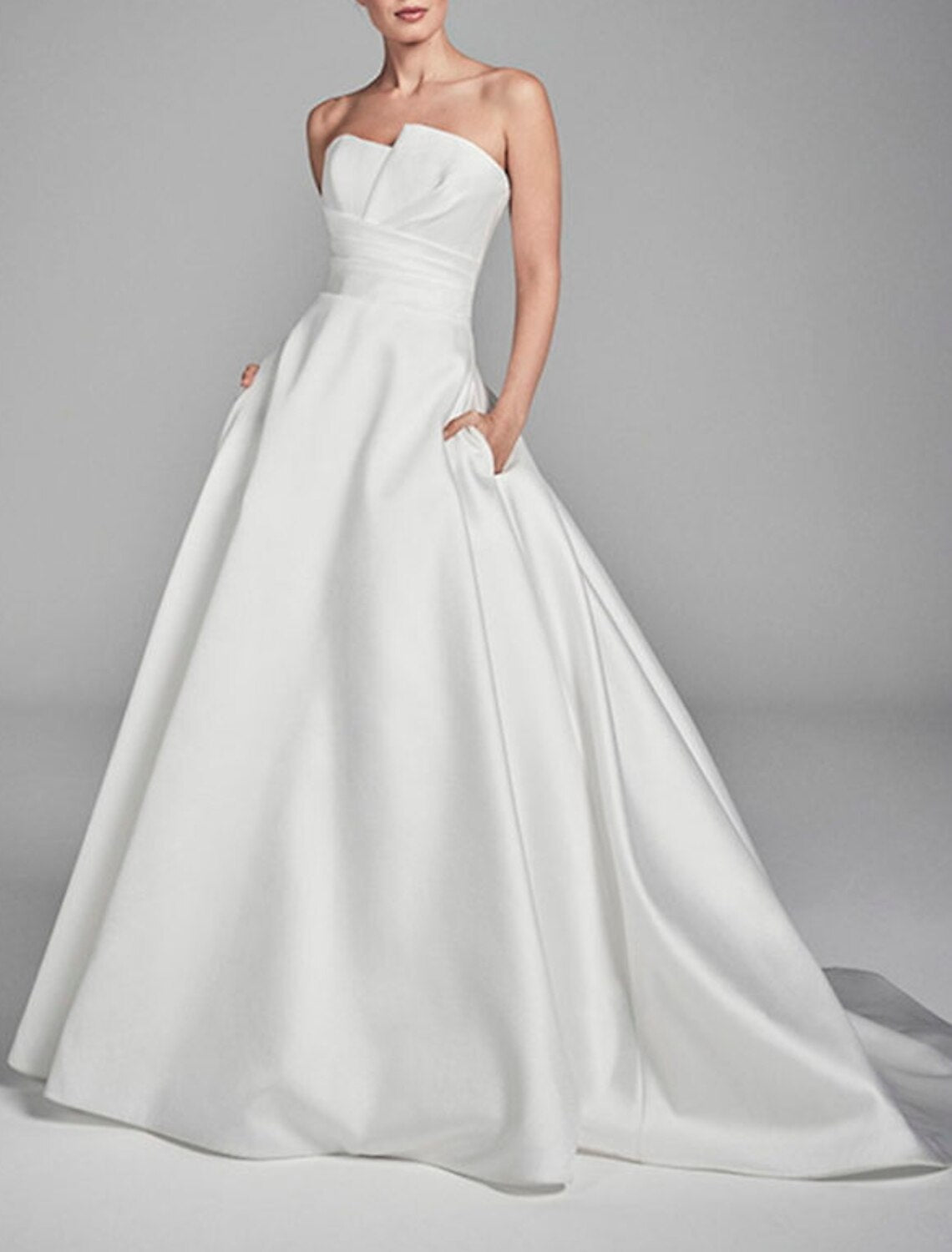 Wholesa  Engagement Casual Wedding Dresses A-Line Sweetheart Strapless Sweep / Brush Train Satin Bridal Gowns With Ruched