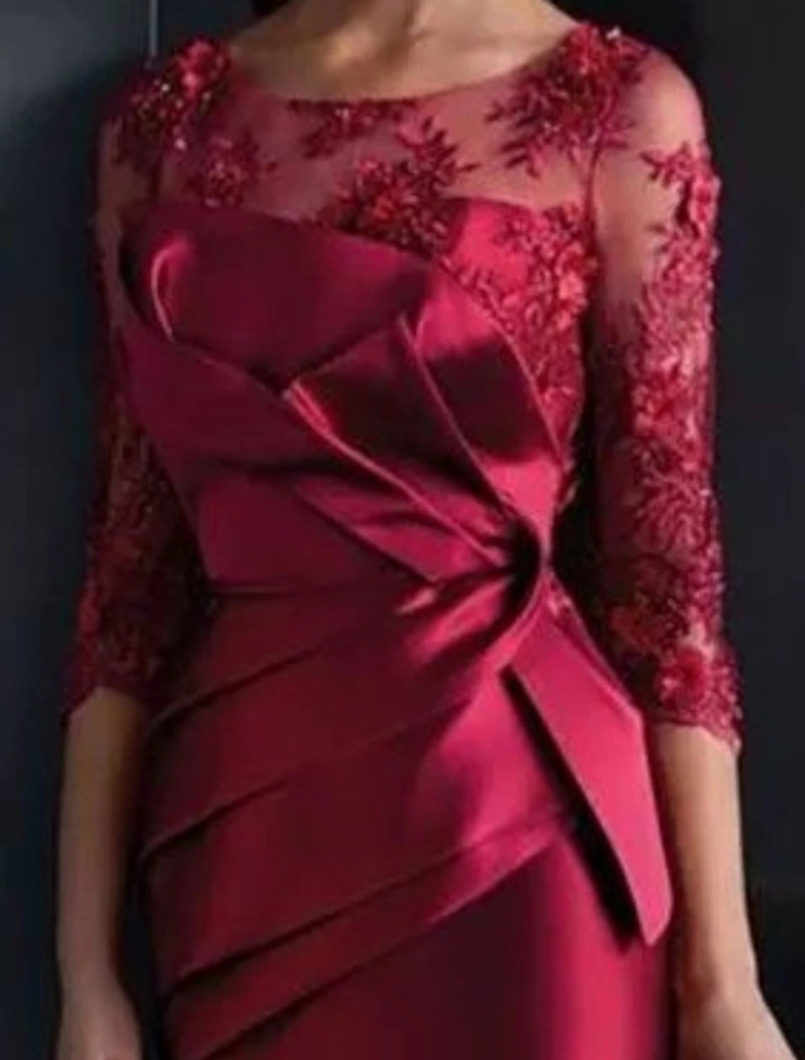 Wholesa Sheath / Column Mother of the Bride Dress Wedding Guest Elegant Illusion Neck Knee Length Satin Lace 3/4 Length Sleeve with Appliques Ruching