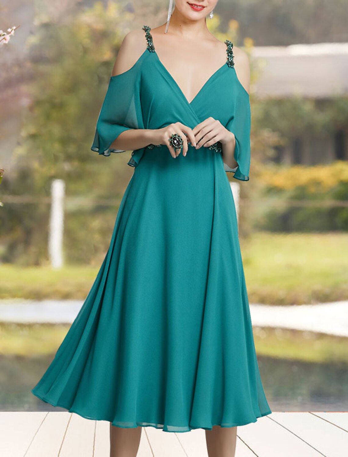 wholesale  A-Line Mother of the Bride Dress Elegant Sweet V Neck Tea Length Chiffon Sleeveless with Sash / Ribbon Beading