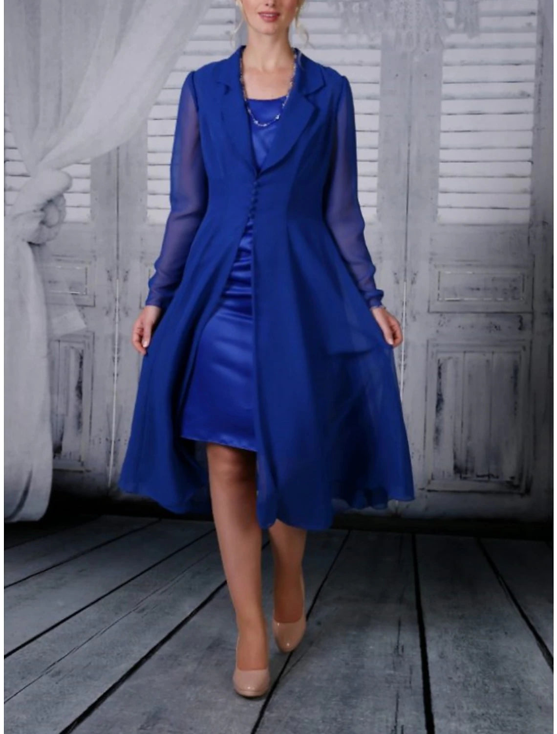 Wholesa Two Piece A-Line Mother of the Bride Dress Wedding Guest Elegant Simple Shirt Collar Tea Length Chiffon Long Sleeve with Pleats Solid Color